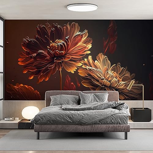 Miniatura 7 de DEKOROS.COM Papel tapiz con estampado de flores de crisantemo sobre fondo oscuro, diseño floral audaz y elegante para un interior llamativo del