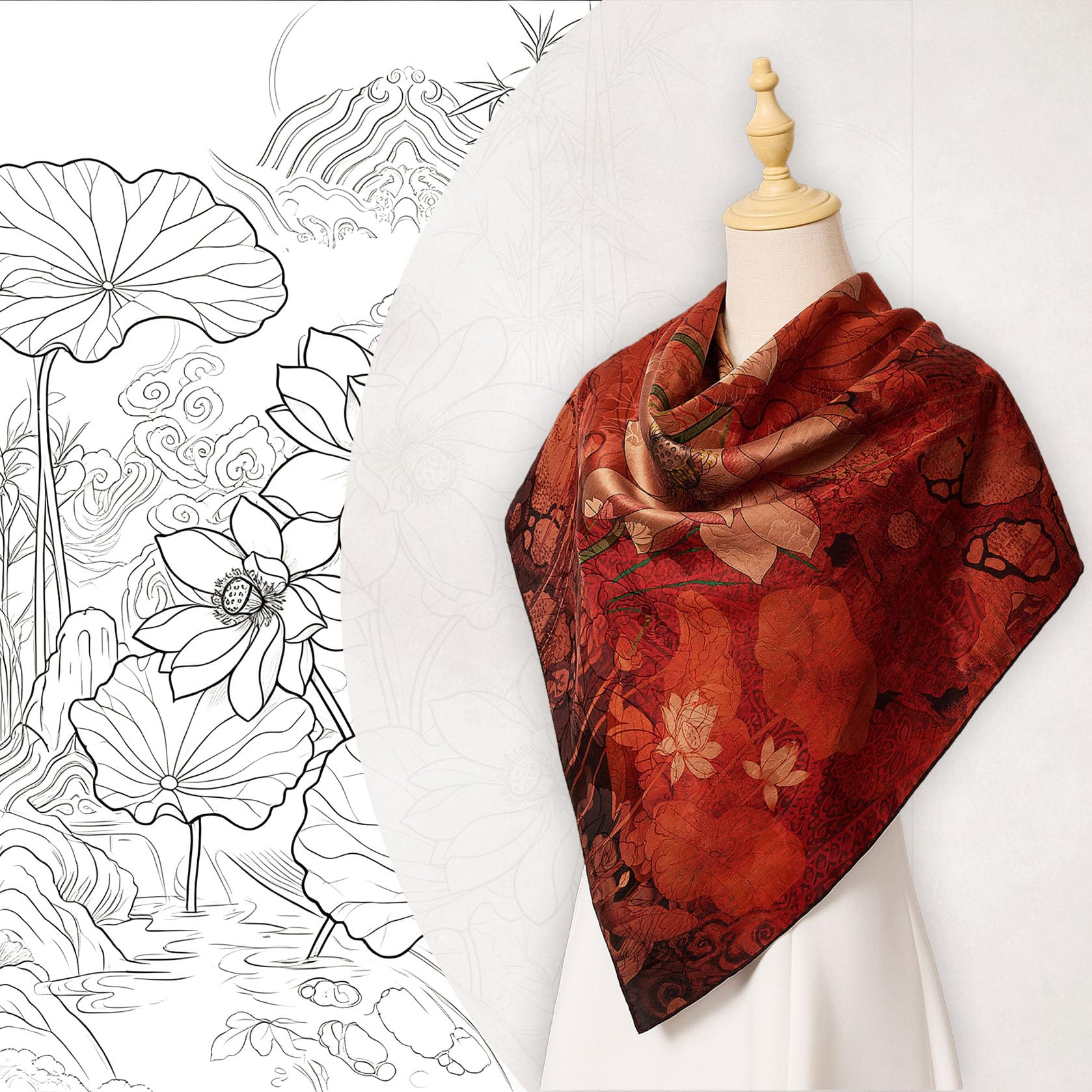 HangErFeng Jedwabny szalik Gambiered Canton Gauze Square Lotus szal damski 1658