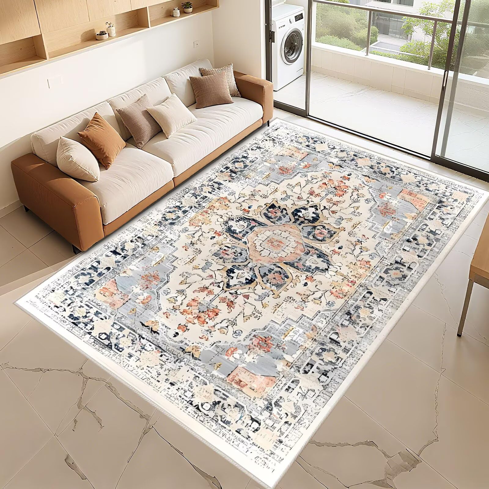 Teppana Waschbar Bettvorleger Schlafzimmer Teppich Blau 100x180cm, Weich Vintage Blumenmuster für das Wohnzimmer neben dem