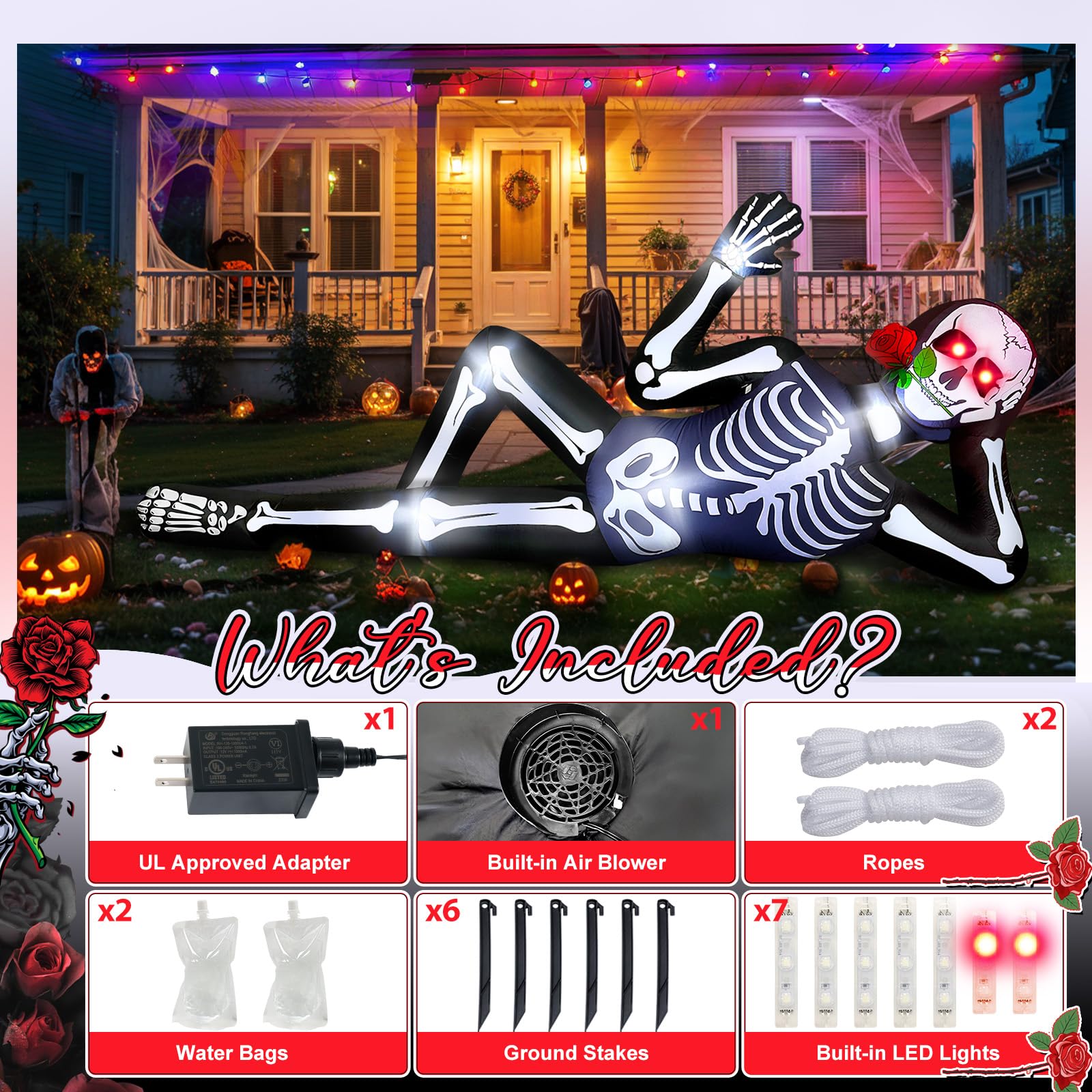 Décoration d'extérieur gonflable d'Halloween de 3 m avec lumières LED, squelette géant allongé pour toit, jardin, pelouse, balcon, vacances, décorations de fête