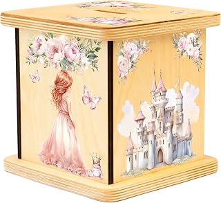 Wooden Piggy Bank for Kids and Adults, Personalized Gift Handmade in USA by BloomOwl, Custom Coin Bank for Boys and Girls (Princesses)
