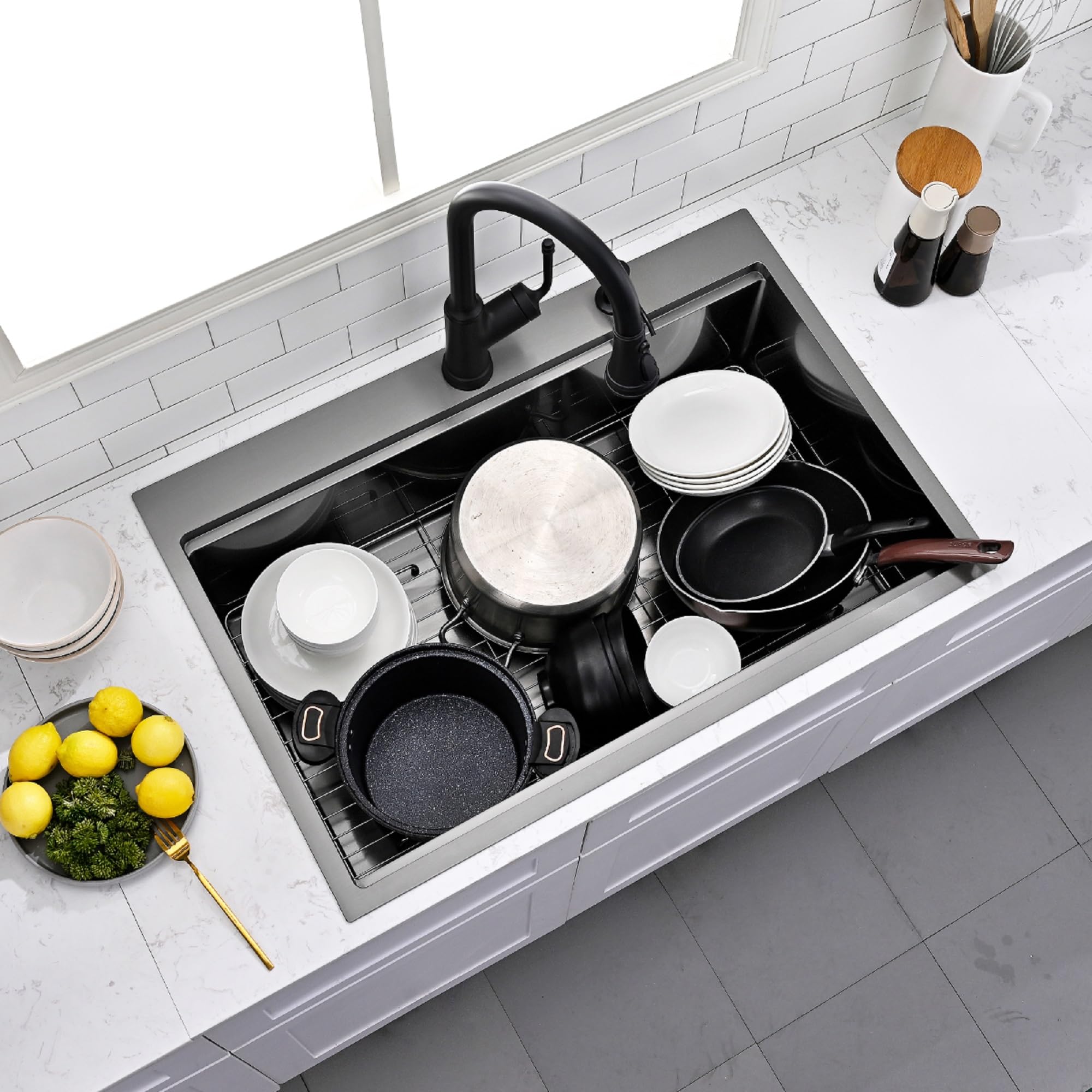 33 inch topmount kitchen sink 33x22 inches drop in workstation 16 gauge single bowl 10" deep with accessories stainless steel gunmetal black