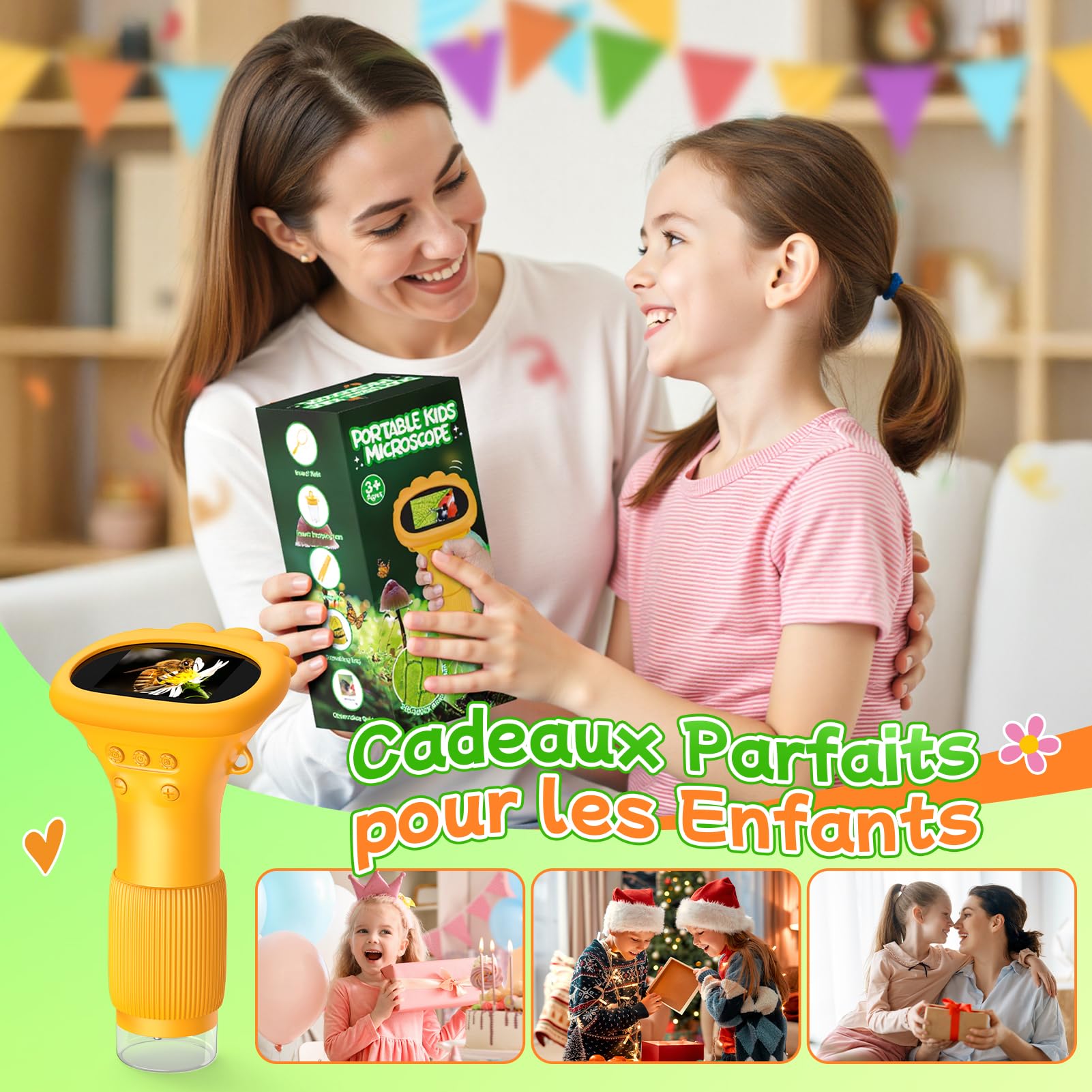 Microscope Numérique pour Enfants avec Écran IPS 2.0 Pouces, USB Rechargeable, 8 Lumières LED, Grossissement 1000x, Microscope Portable de Poche, Cadeau Garcon Fille 3-12 Ans - Cadeaux de Noël Enfants
