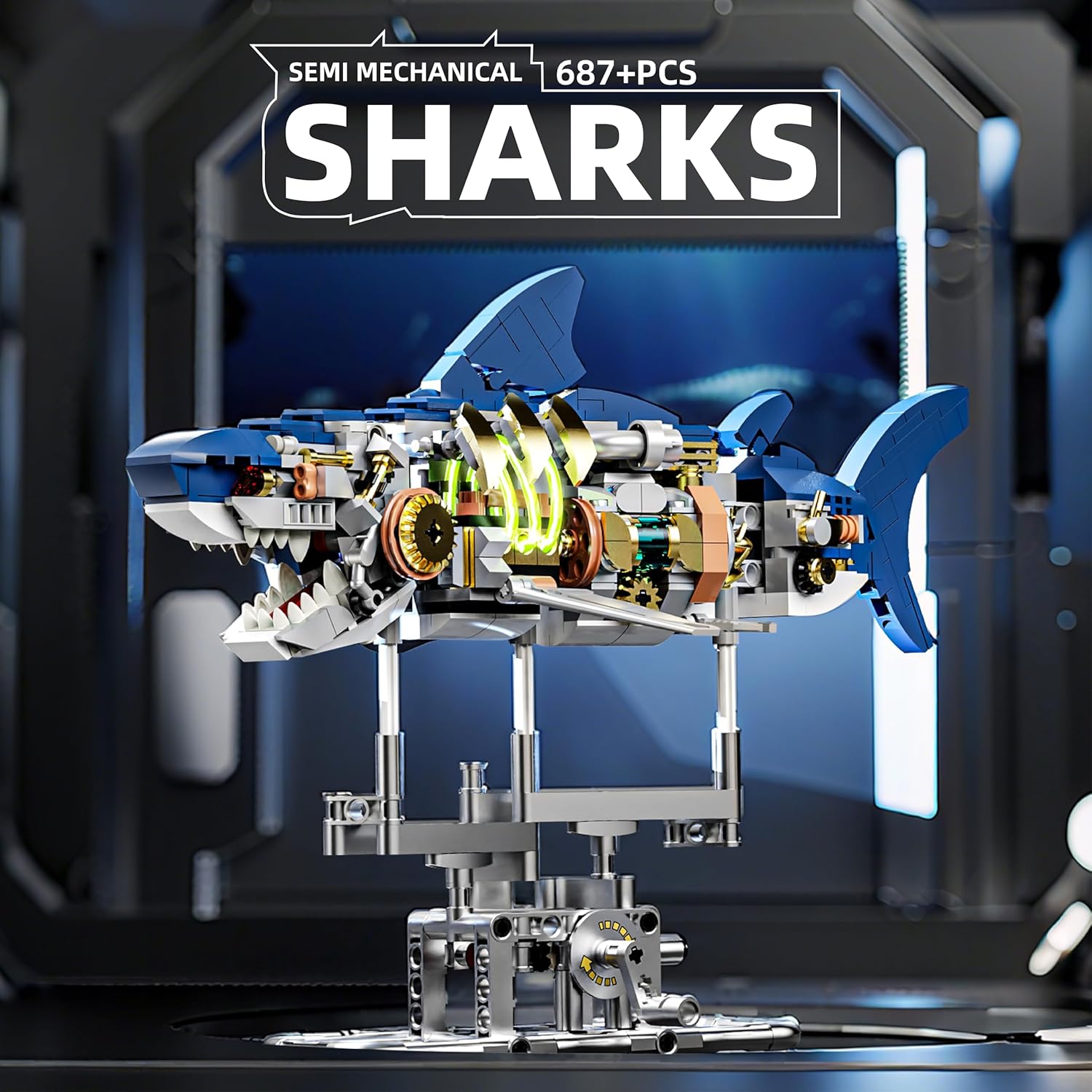 687-PCS Mechanical Shark Building Set with LED Light, Movable Linkage Gears, Display Stand - Ocean Building Block Toy for Adults, Teens, Kids Age 12+