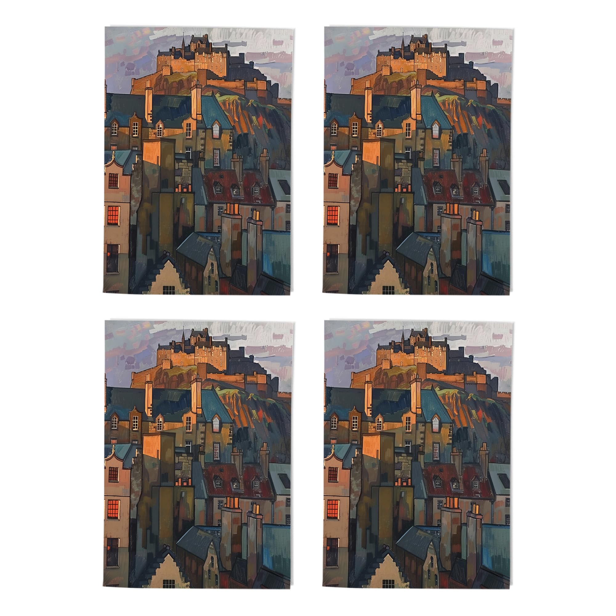 Edinburgh Castle Sunset Art Cards Multipack of 4 Scotland Cityscape Greeting Cards For Any Occasion Blank Inside A6 10 x 15 cm