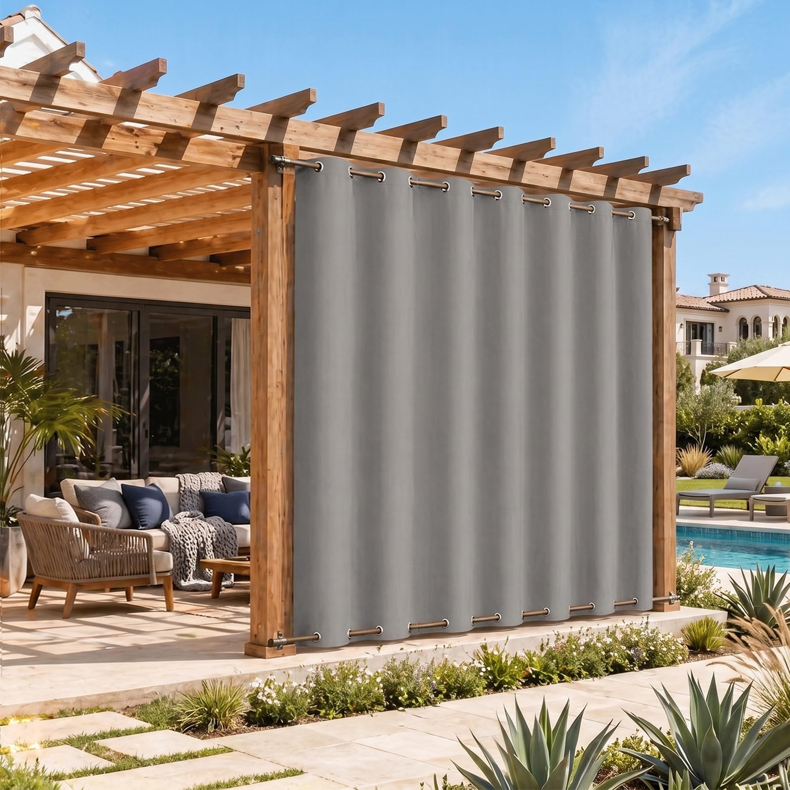 Rosnek Outdoor Vorhang Wetterfest mit Obere Ösen,2 Stück Gewichtet Outdoorvorhänge 213x254cm Outdoor Vorhänge Wasserdicht Außenvorhang,Winddicht Balkon Gardinen für Terrasse,Pergola,Pavillon