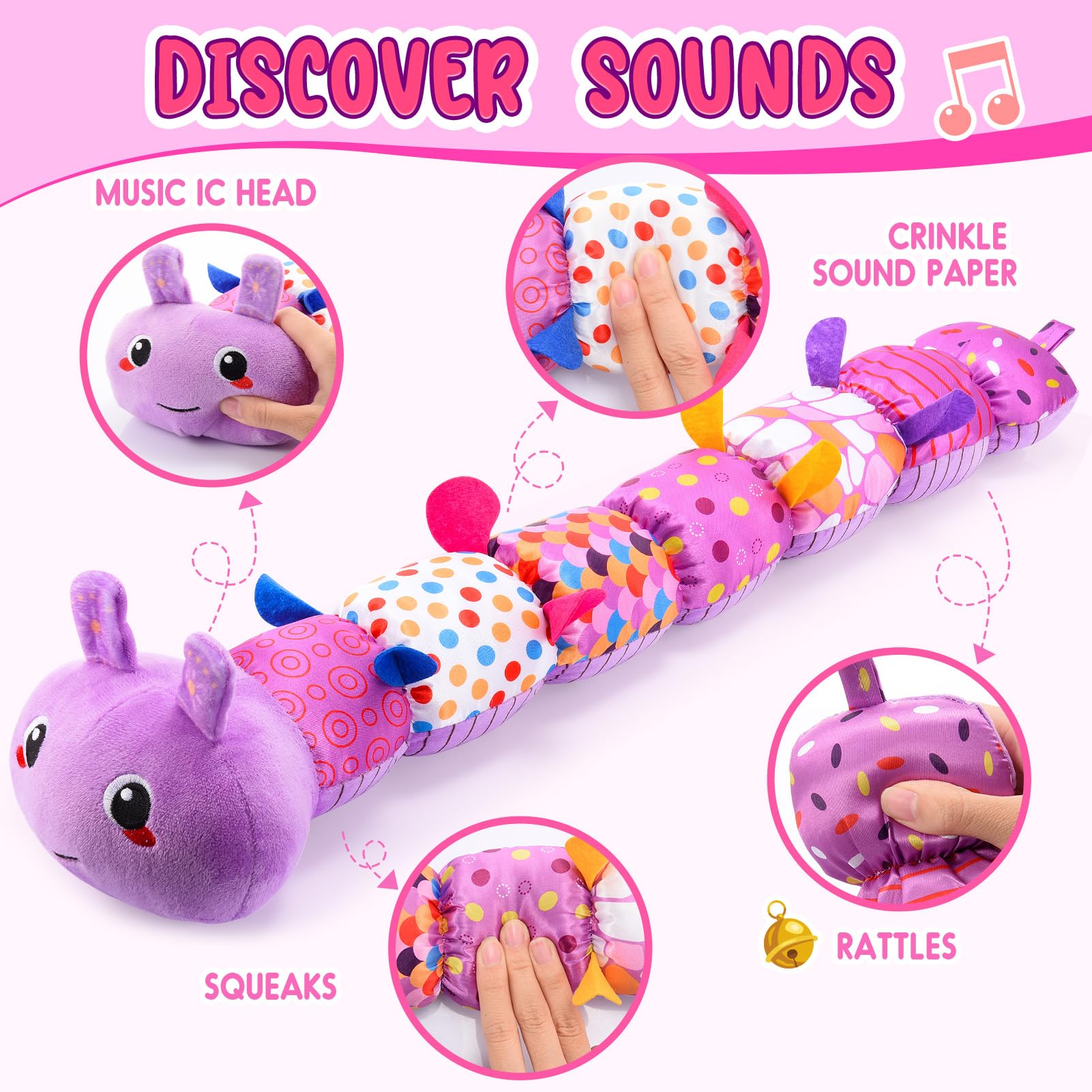 Toyzey Baby Toys 0-6 Months, Musical Caterpillar Sensory Toys Babies 6-12 Months Gifts for Girls Tummy Time Toy for Newborn Baby Girls 0-12 Months Baby Essentials Gifts Infant Toys 0-3 Months - Image 3