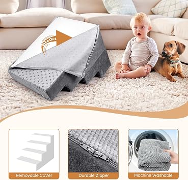 Heeyoo Dog Stairs for Small Dogs, 4-Step Dog Steps for High Bed and Couch, High-Density Foam Pet Steps with Supporting Board, Non-Slip Removable Washable Cover, Grey, 18 High