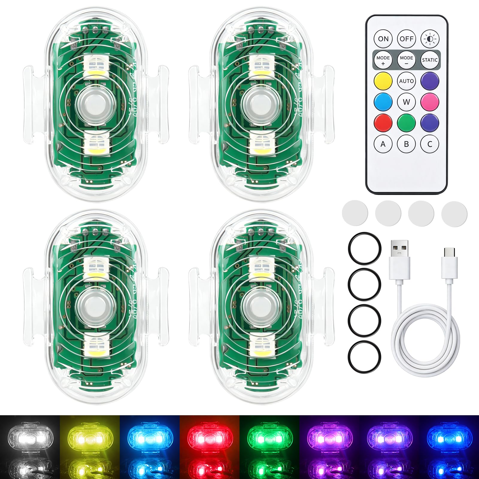 FENYW Pack of 4 Wireless LED Lights, 8 Colours, Waterproof Flash Light with Remote Control, USB Charging, Anti-Collision Lights, USB Charging Flash Light for Motorcycle, Drone, Camping, Fishing
