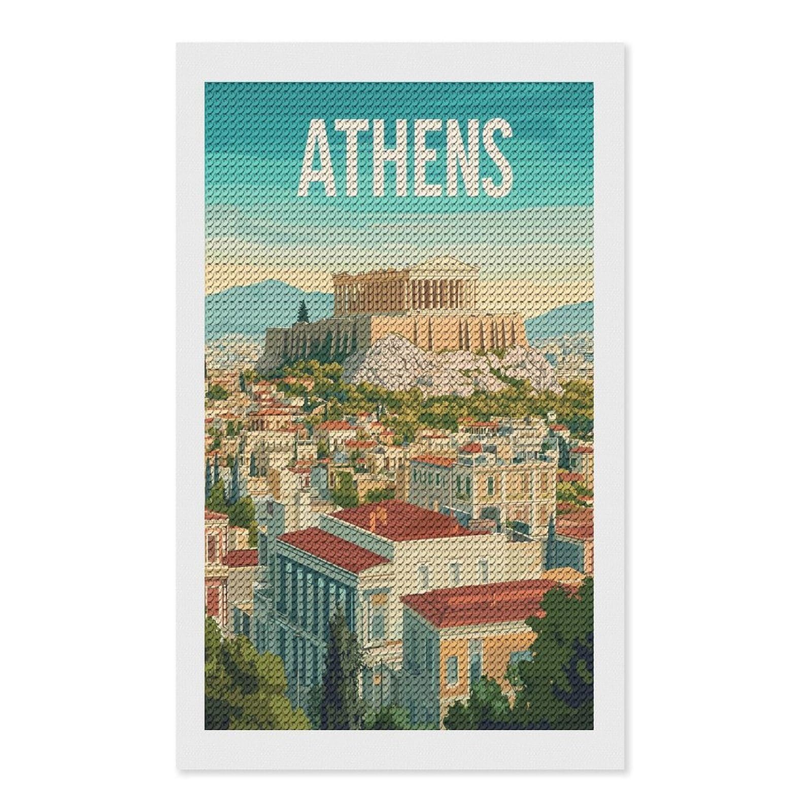 Junmoney Trave to Athens Greece Diamond Art Canvas 12"x20", for Adults, Good for Quiet Evenings, Bedroom Decor, Festive Craft Gift, Easy to Enjoy