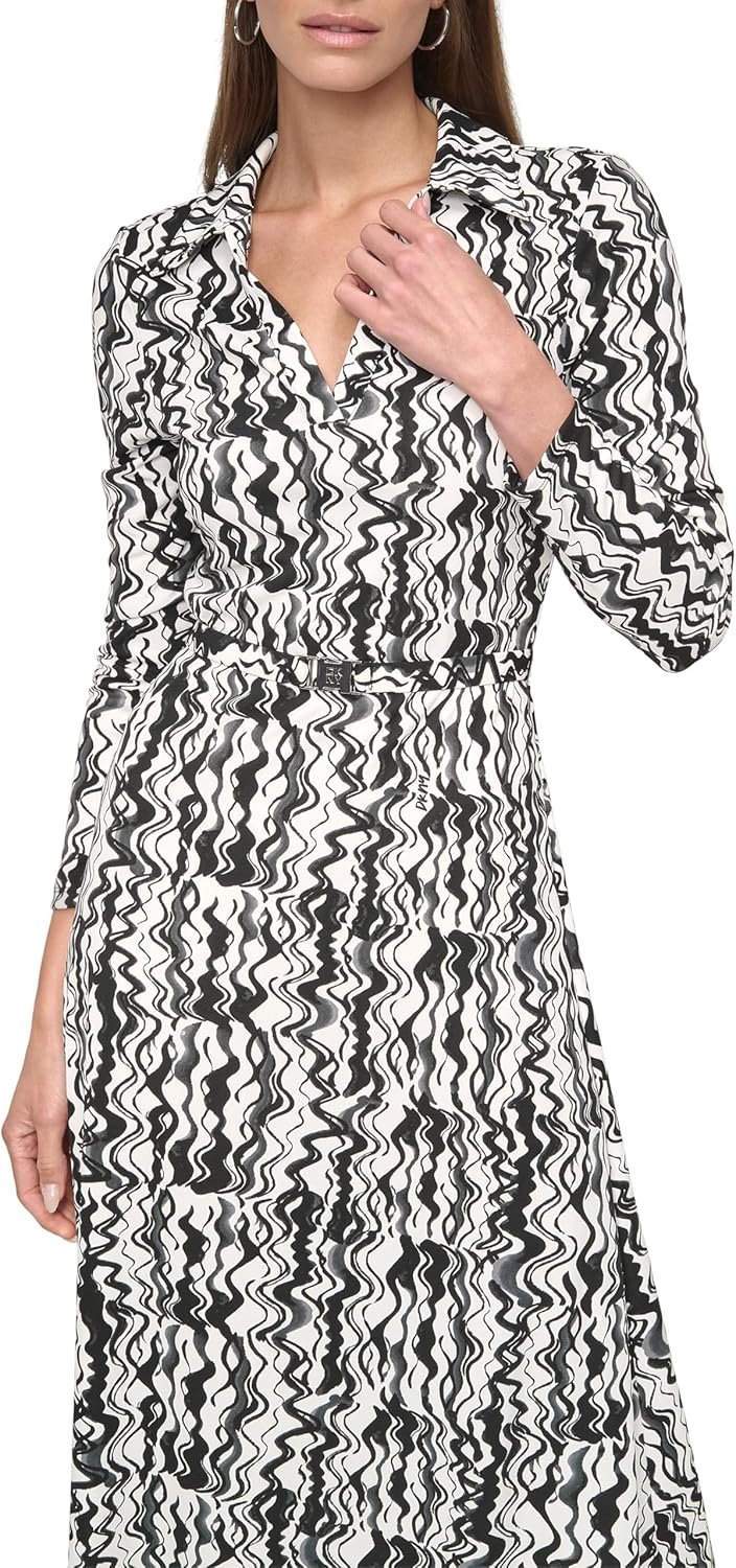 DKNY Womens Long Sleeve Collared Neck Scrunched Buckle Belt Maxi Dress - Image 2