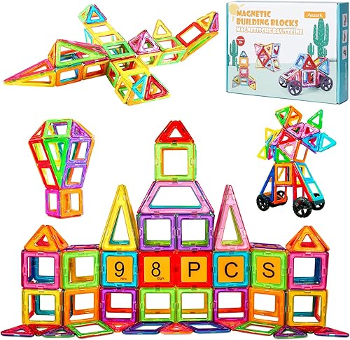 Assark Azulejos magnéticos, 98 piezas, bloques magnéticos, juguetes para niños, juego de bloques de construcción, castillo 3D para niñas de 3, 4, 5,