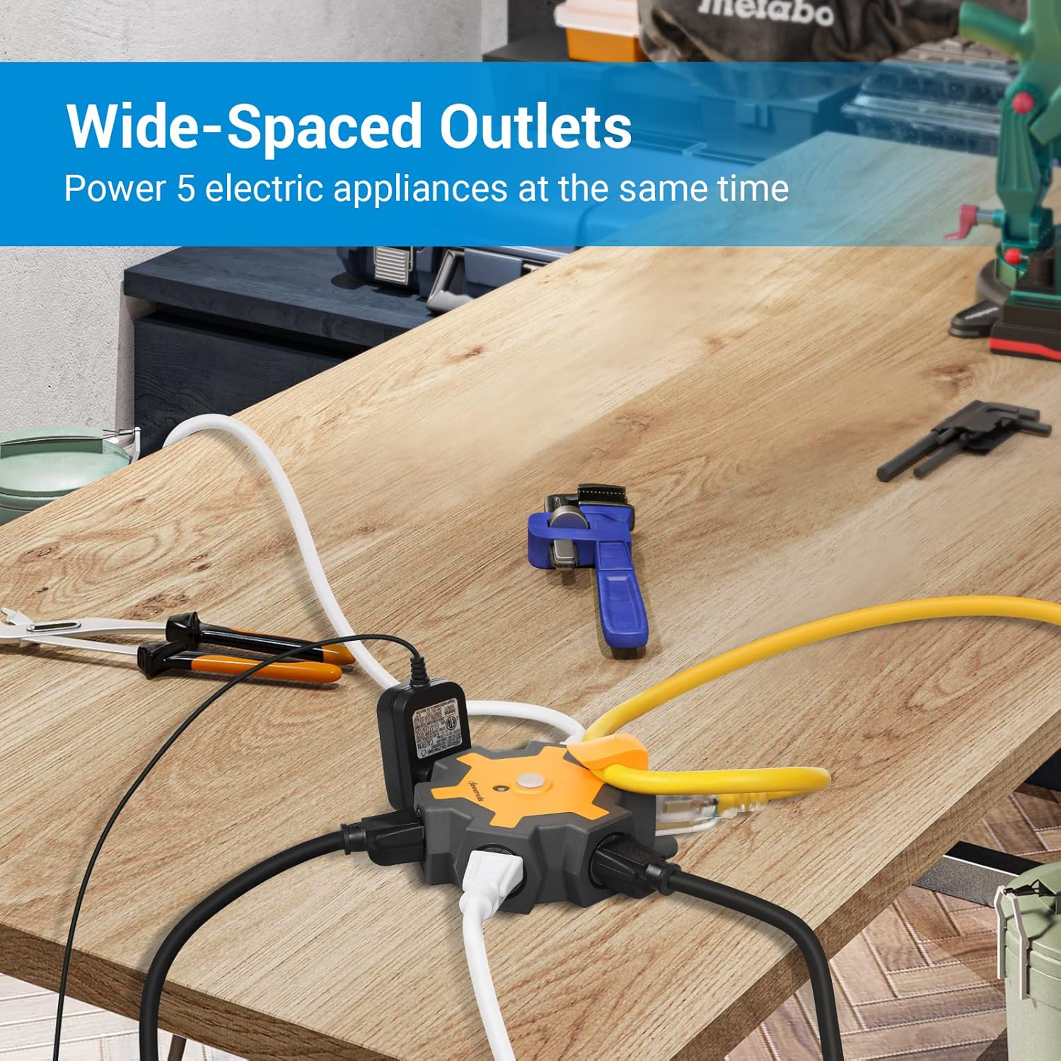 DEWENWILS Outdoor Extension Cord Power Adapter, Heavy Duty 5-Outlet Power Hub with Swivel Safety Covers, Widely-Spaced Power Outlet for Workshop, Jobsite, Garage, 15A Circuit Breaker (Orange)