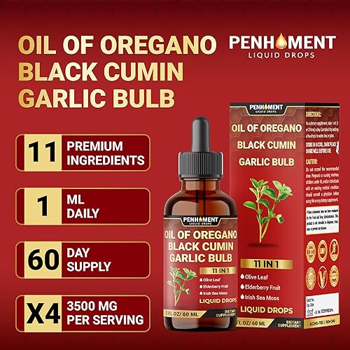 Miniatura 5 de Gotas de aceite de orégano orgánico 11 en 1 con líquido de semillas negras, ajo, hoja de olivo, saúco, musgo marino, ashwagandha y jengibre, apoyo