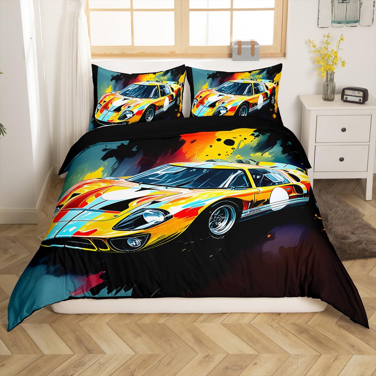 Homemissing Race Car Down Duvet Cover Set Single Size For Kids Boys Teens Extreme Sports Bedding Set Cool Speed Sports Car Comforter Cover with 1 Pillowcase Yellow Automobile Car Bed Sets — image 1
