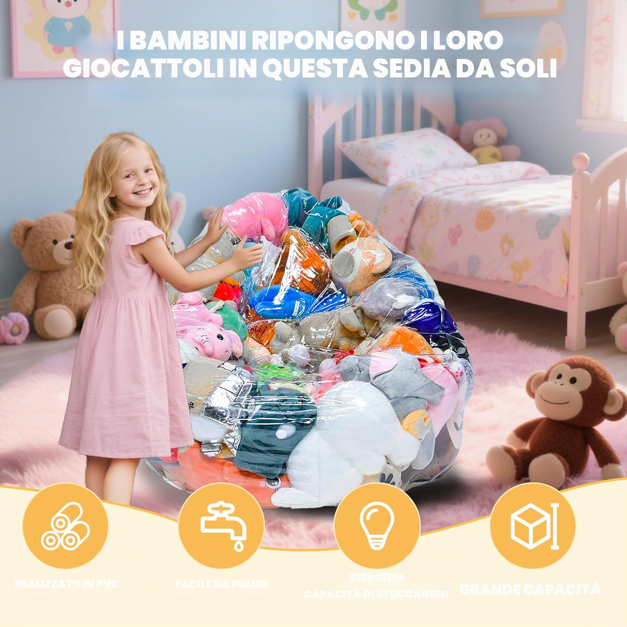 Pouf per animali di peluche, 150 l, trasparente, extra large, organizer impermeabile, facile da pulire (solo copertura, imbottitura non inclusa)