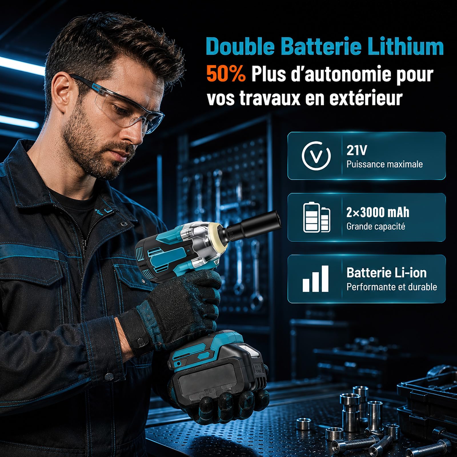 Clé à Chocs Sans Fil 1200N.m, Cle a choc sur 2 Batterie, Boulonneuse a Choc Electrique 1/2", 21V 3 en 1 Visseuse à Chocs, avec lumière LED, 5 Douilles à Chocs, pour Maison/Voiture/DIY