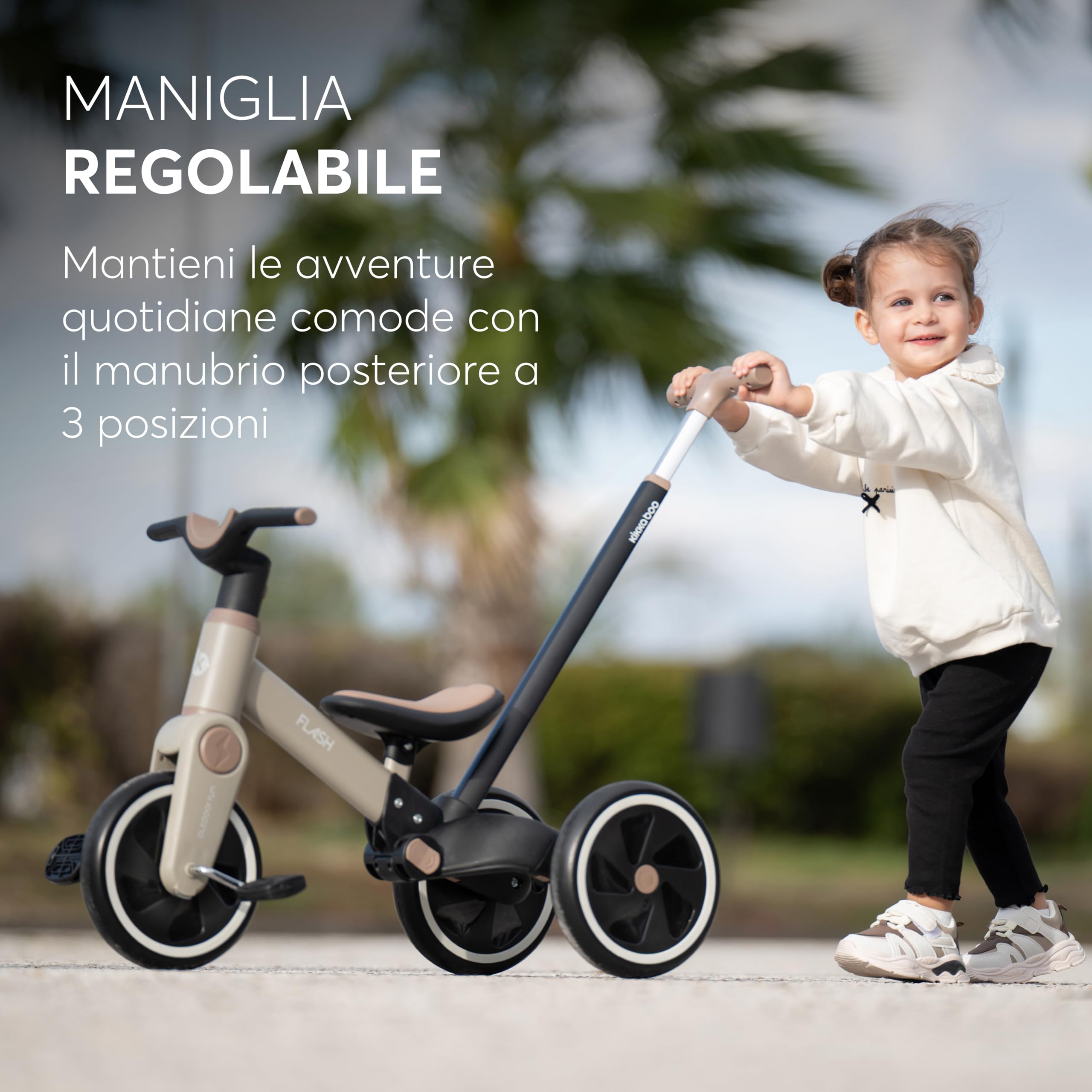 KikkaBoo Triciclo Evolutivo 5 in 1 FLASH, da 18 Mesi a 4 Anni, con Maniglione Regolabile per Genitori, Trasformabile in Bicicletta Senza Pedali, Leggero, Ruote EVA, Telaio in Acciaio, Grigio