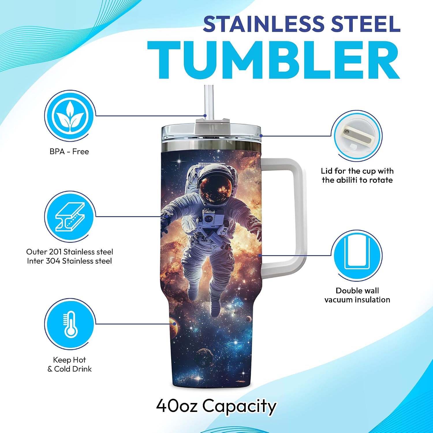 Hyturtle Personalized Astronaut Tumbler - Astronomy Lover Gifts For Men Boy Adults - Astronomy Gifts For Kids - Space Lovers Present - Astronaut Cup - Custom Travel Coffee Cup 40 Oz With Lid Straw