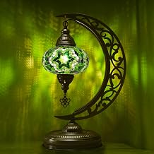 Turkish Mosaic Moon Shape Table Lamp, Moroccan Crescent Vintage Handmade Desk Light, Country Living Room, Kitchen Island Decorative Lighting, Authentic Bohemian Bedside Dim Nightstand Green
