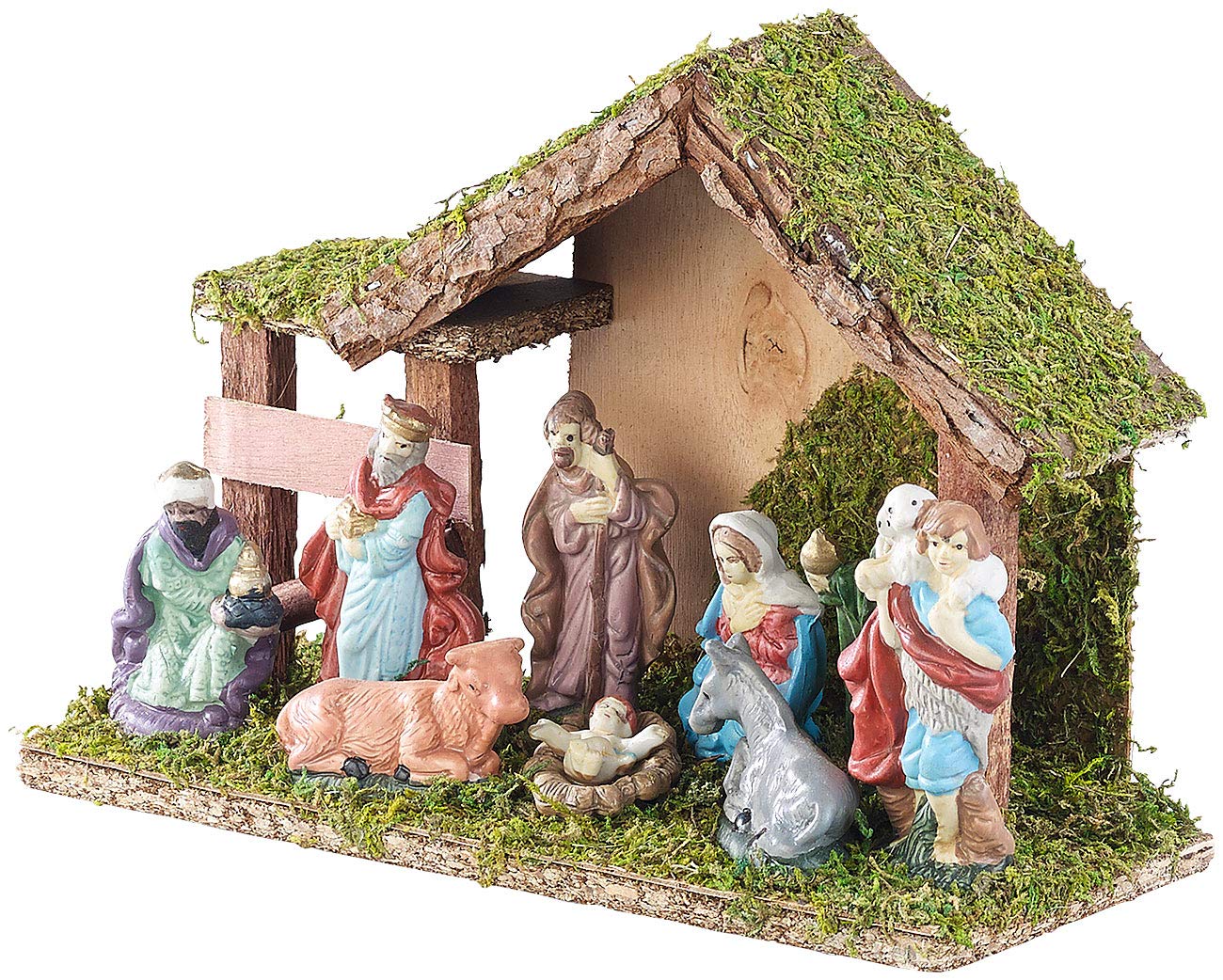Weihnachten Krippe: Klassische Holz-Weihnachtskrippe, handbemalte Porzellan-Figuren, klein (Weihnachtskrippe Komplettset, Weihnachtskrippe Komplettset Holz, Weihnachtsbaum)