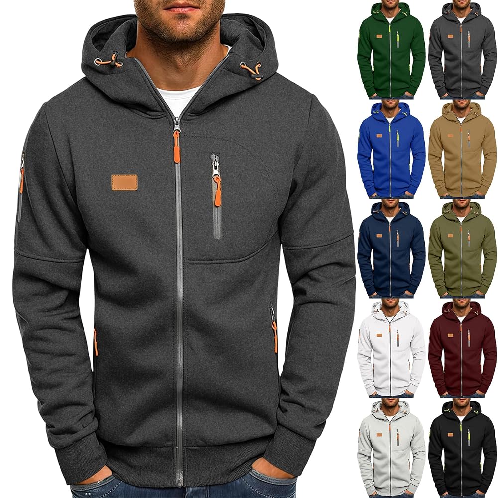 Men's Full Zip Up Hoodie Fleece Tactical Cargo Jacket with Zipper Pockets
