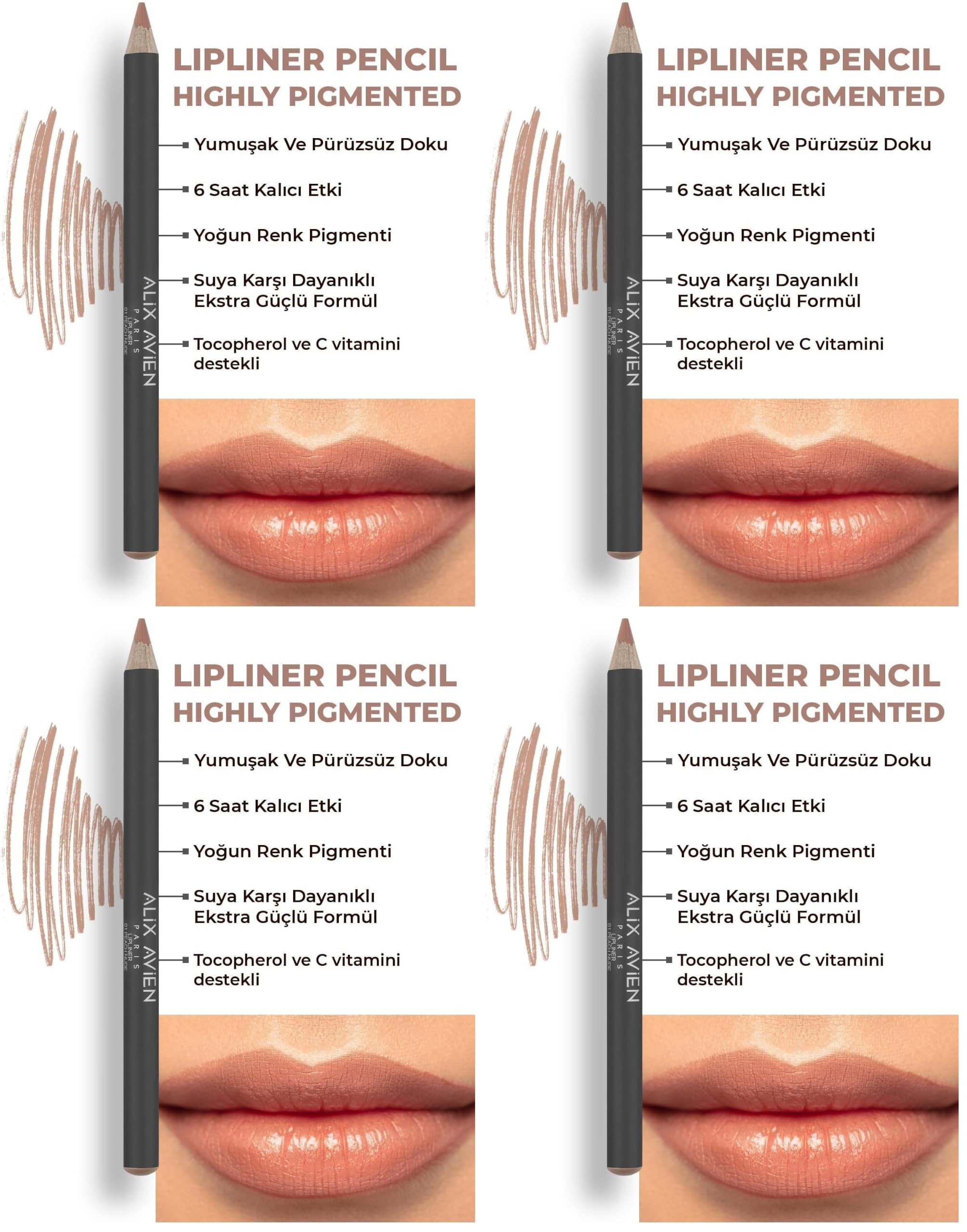 ALIX AVIEN Uzun Süre Kalıcı Dağılma Yapmayan Nemlendirici Dudak Kalemi - Lipliner Pencil 01 Peach Nude (4 paketi)