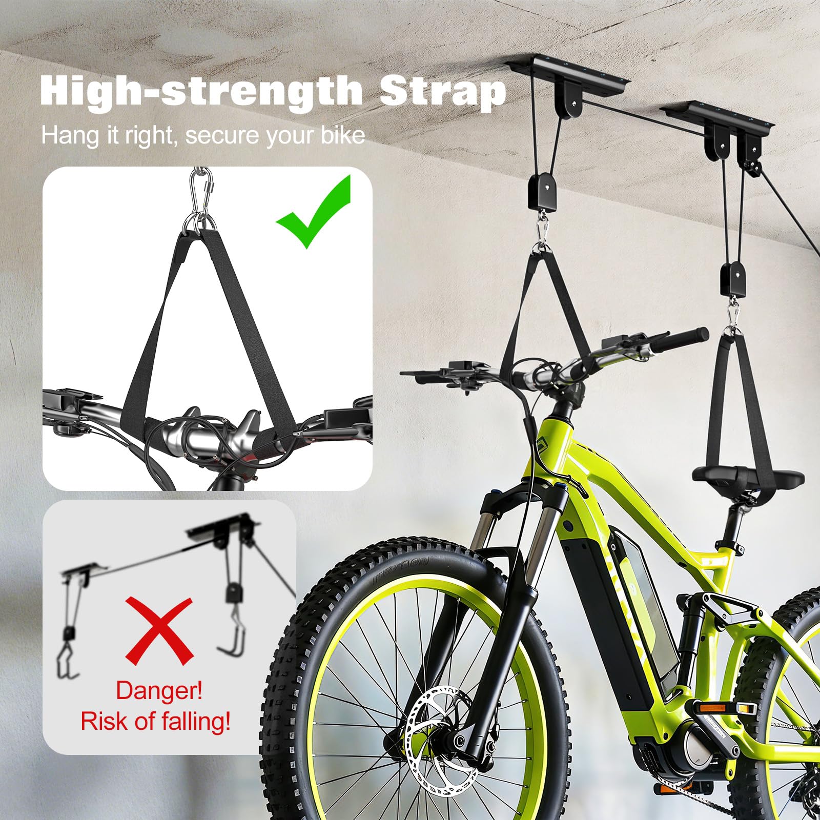 Housolution Elevador Bicicletas, [2 Unidad] Sistema Polea 88Lbs, Apto Techos 10-16 Pies, Sistema Almacenaje Techo Resistente para Bici Carretera, MTB, Fatbike, Ebike, Escaleras, Snowboard