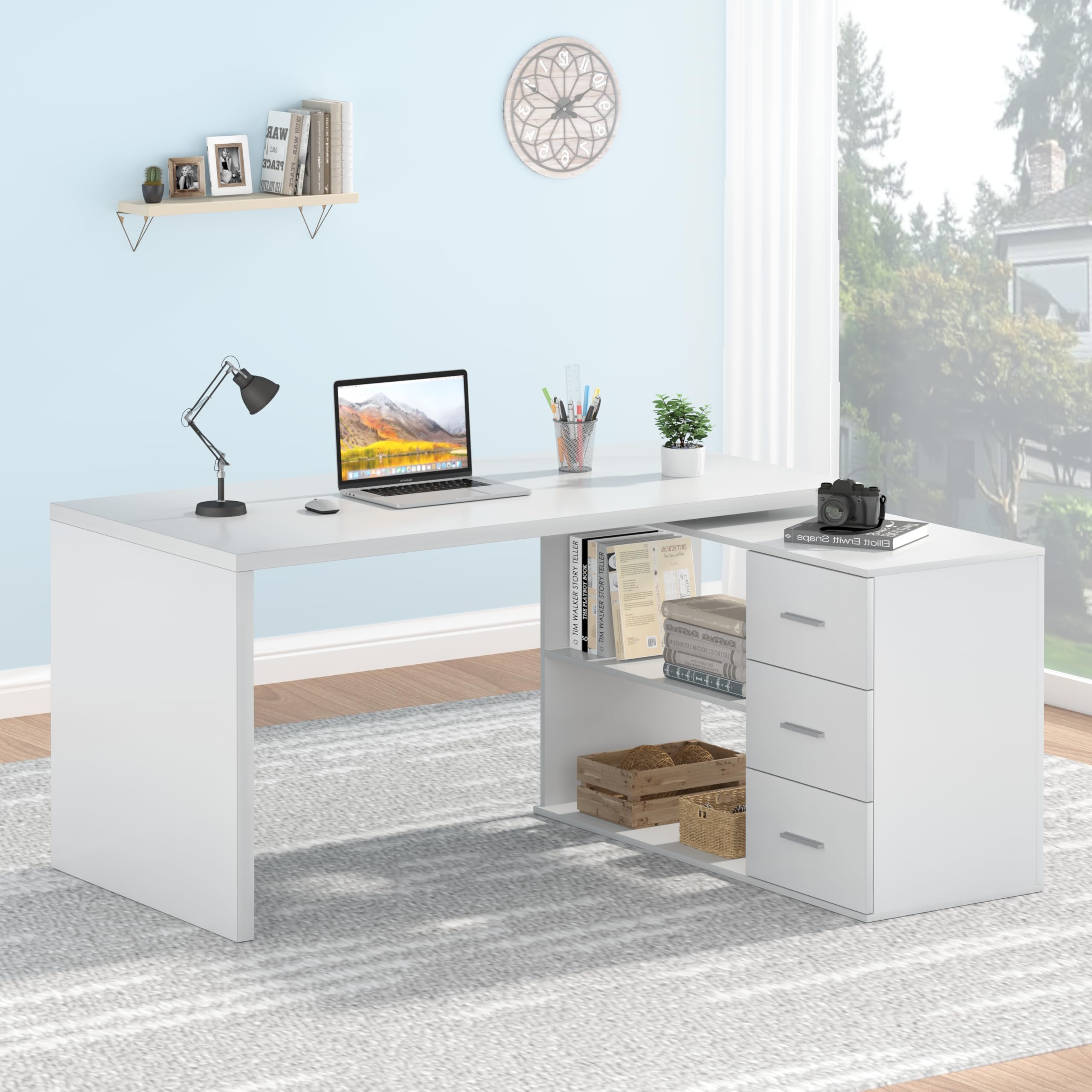Mudmasa Escritorio de esquina blanco con 3 cajones y 2 estantes, escritorio en forma de L de madera, moderno y sencillo, mesa de oficina para el hogar, oficina, lugar de trabajo, 140 x 50 x 76 cm