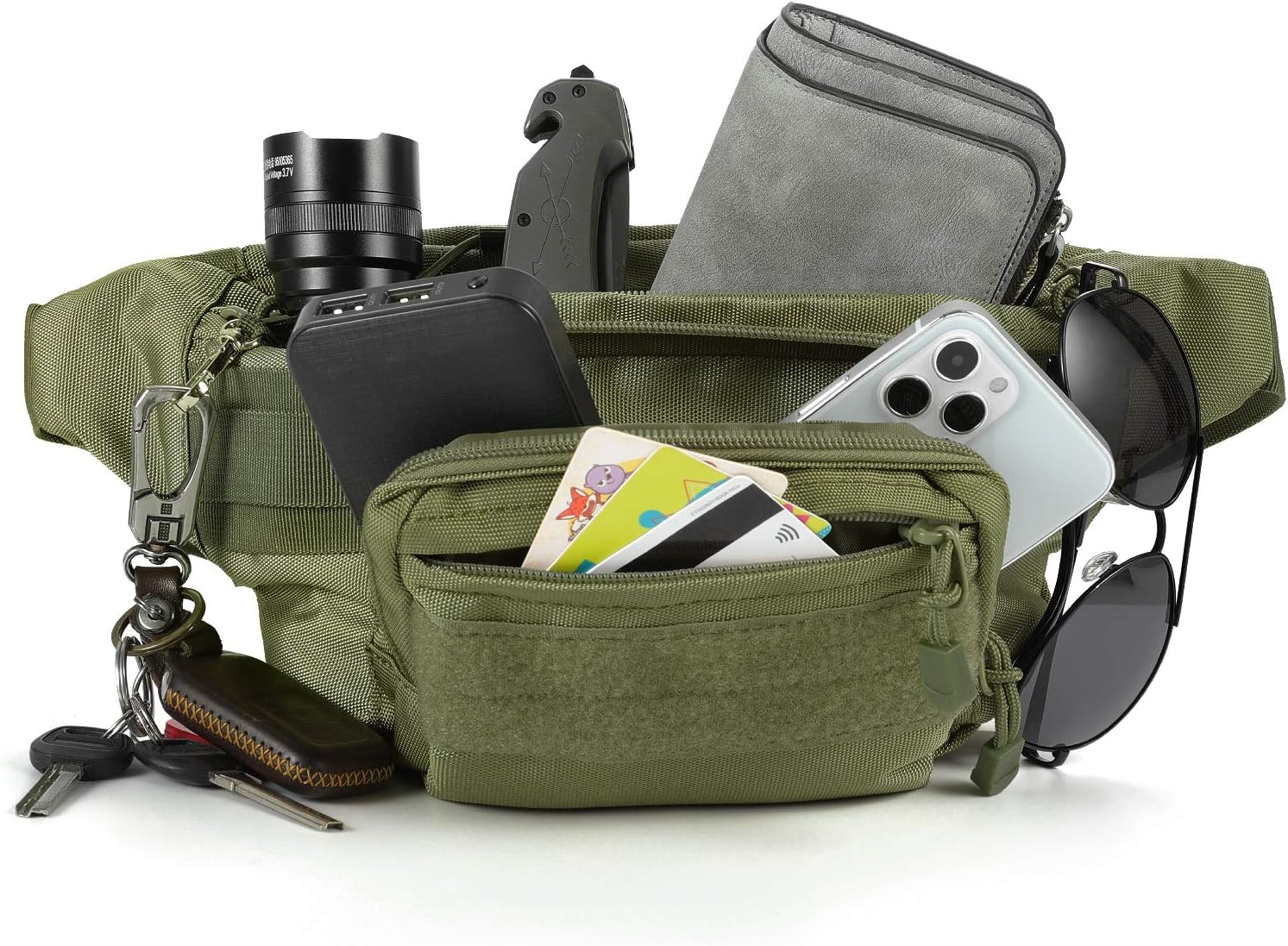 Tactical Fanny Pack Military Waist Bag Pack with USA Flag Patch Utility Hip Pack with Adjustable Strap for Outdoors Fishing Cycling Camping Hiking Dog Walking (Army green 2) - Image 2