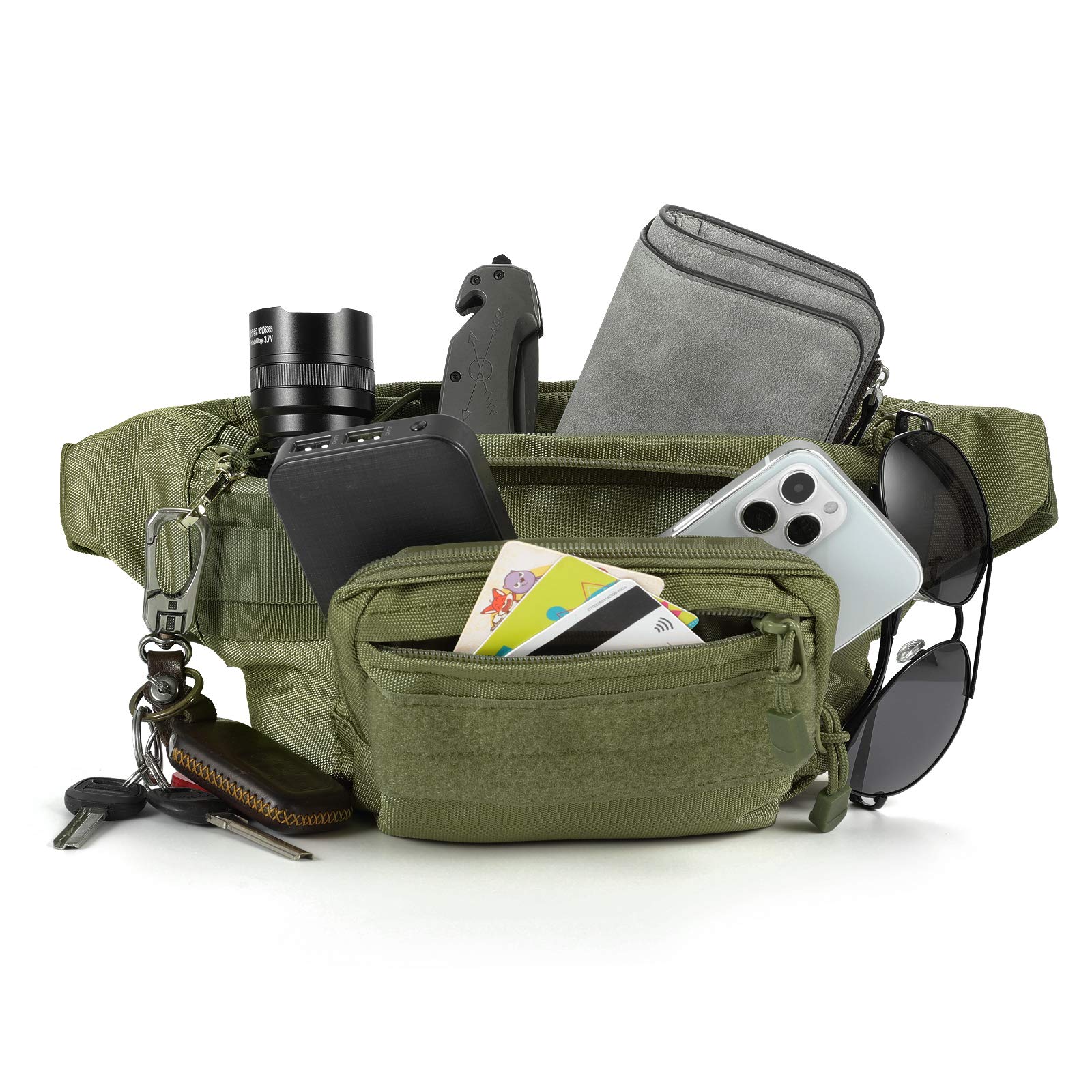 FRTKK Tactical Fanny Pack Military Waist Bag Pack with USA Flag Patch Utility Hip Pack with Adjustable Strap for Outdoors Fishing Cycling Camping Hiking Dog Walking (Army green 2)