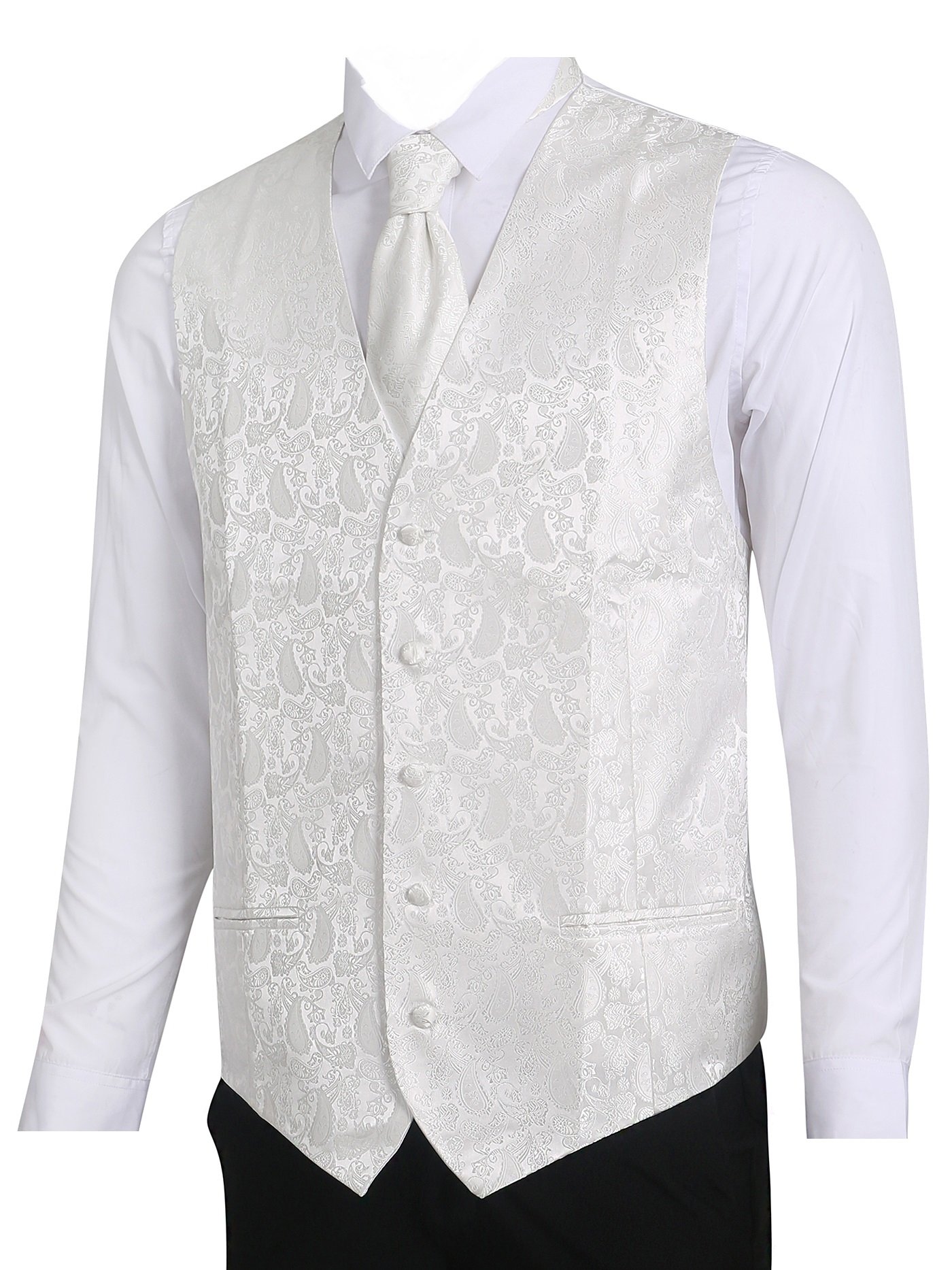 L&L® Men's Paisley Waistcoat Vest and Cravat Pocket Square Set for Suit UK Christmas (Chest 50'' 6XL, Ivory)