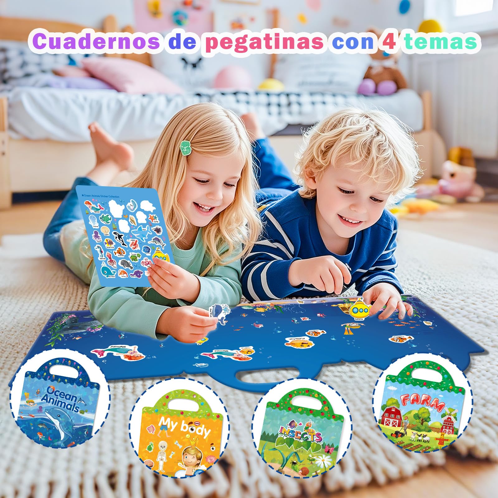 GUYUCOM Paquete de 4 libros de pegatinas reutilizables, juguetes para niños de 2, 3, 4 años, pegatinas 3D transparentes para granja de insectos oceánicos, juguete educativo, regalos de cumpleaños