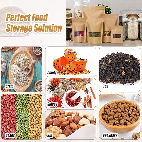 Miniatura 6 de Qilery 320 bolsas de papel kraft con ventana resellables, bolsas de papel con cierre de cremallera, juegos de recipientes para té, café, alimentos,