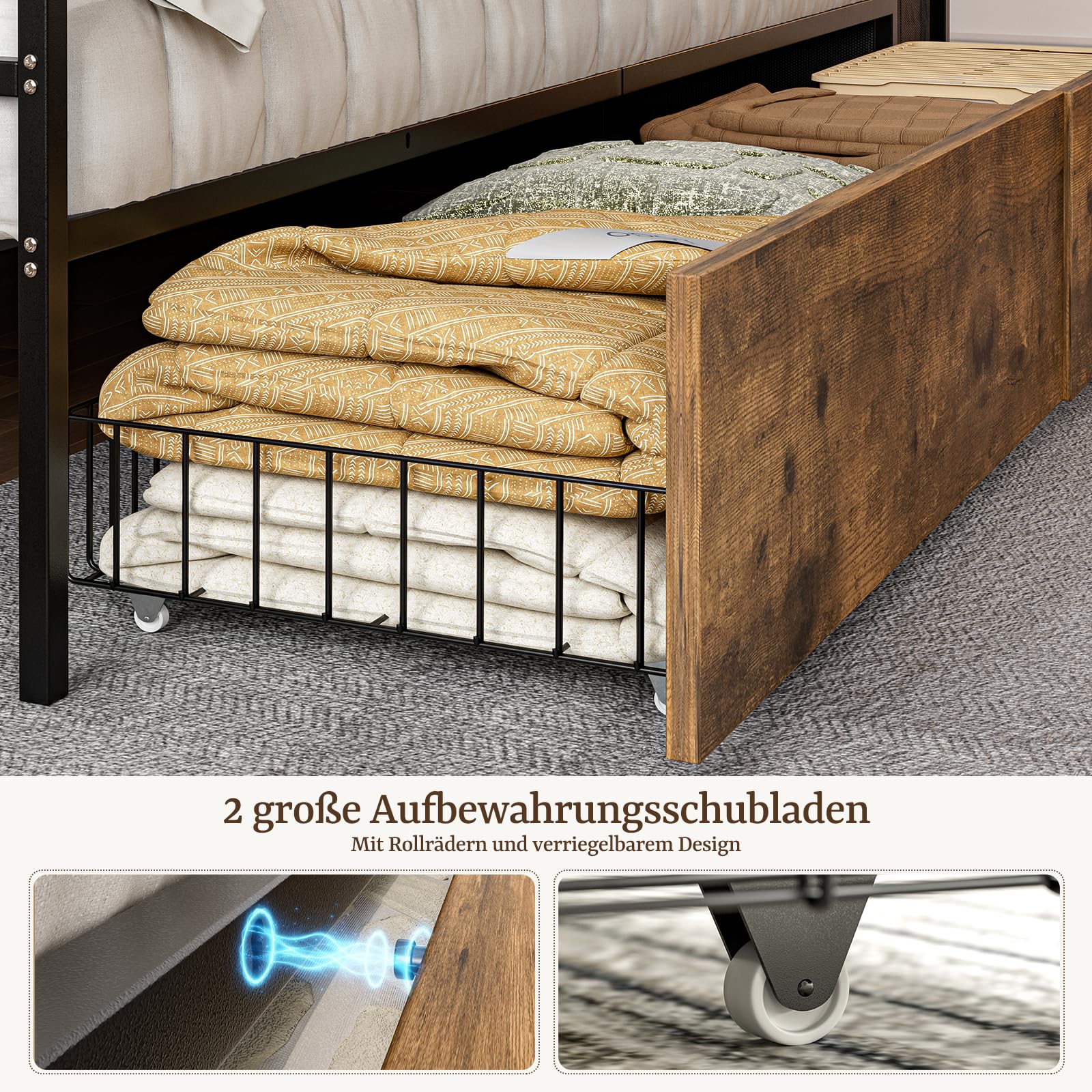 IKIFLY Multifunktionales Jugendbett 90x200 mit verstecktem Kopfteil-Stauraum, LED-Beleuchtung und Ladestation, Schlafsofa Tagesbett mit Lattenrost aus Metall und 4 Schubladen, Fußbank (Dunkelgrau)