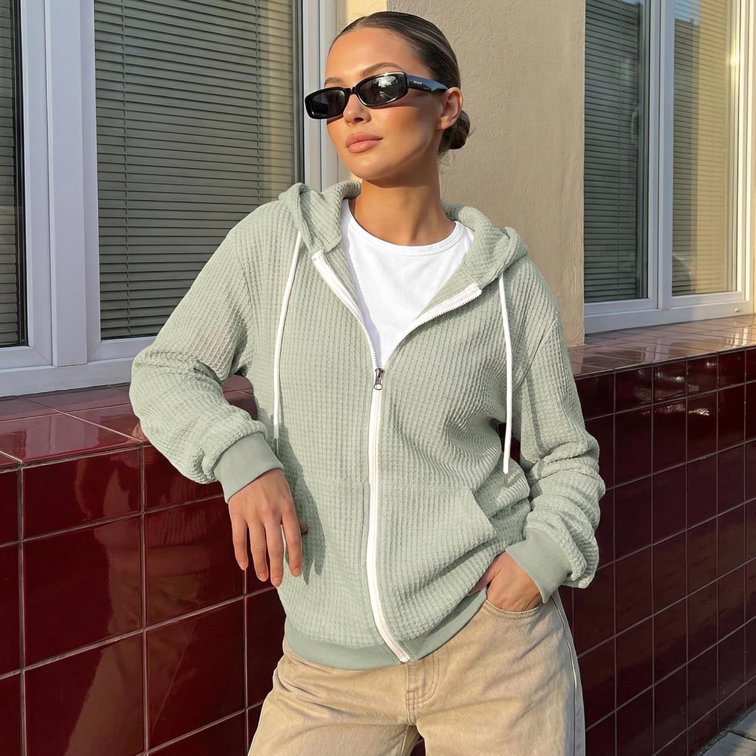 GIVON Women's Lightweight Waffle Knit Zip Up Hoodie – Long Sleeve Thin Casual Hooded Jacket Plus Size - Image 4