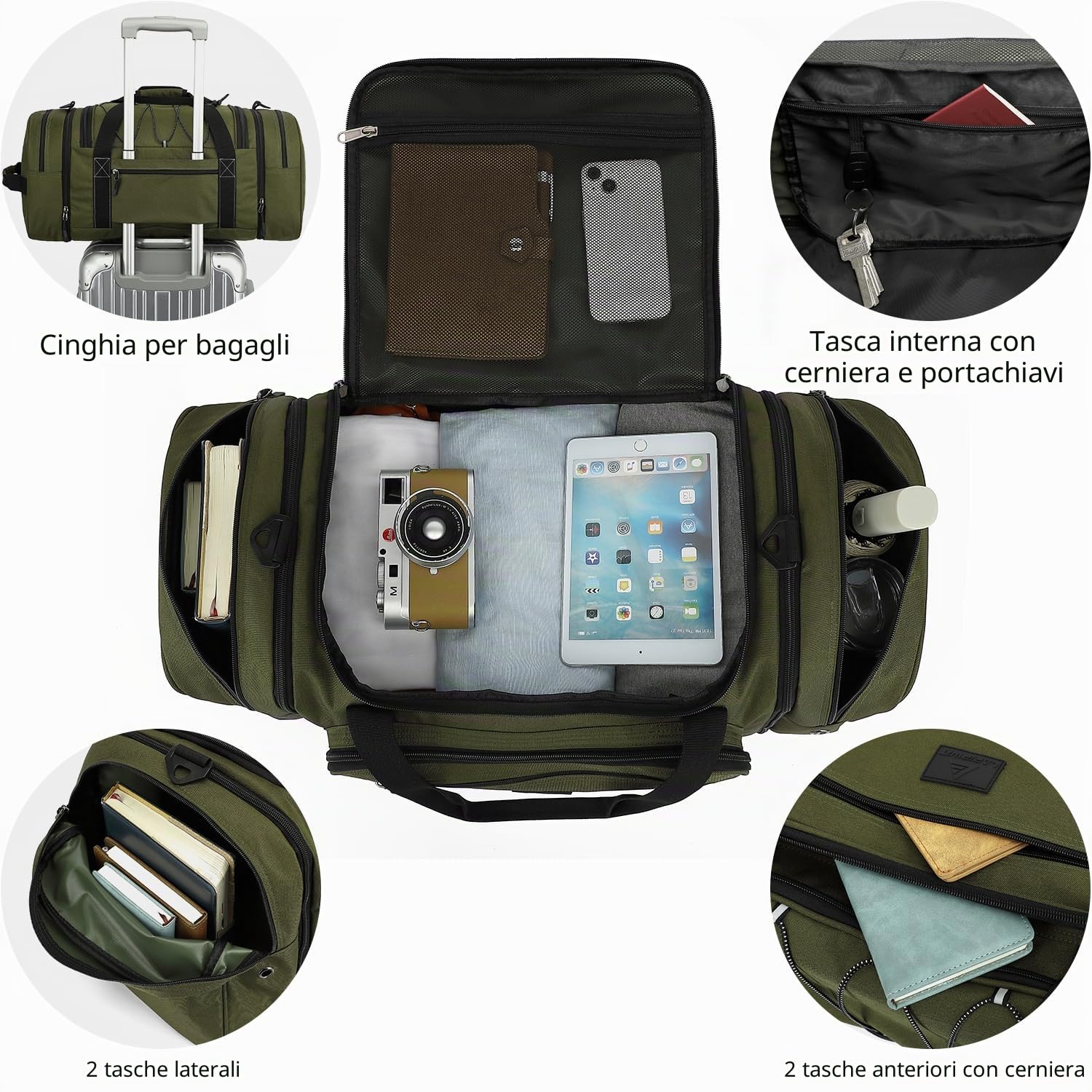 Laripwit Borsa da viaggio espandibile da uomo, weekender, bagaglio a mano per campeggio e sport, verde militare, 70 x 28 x 25.4 cm