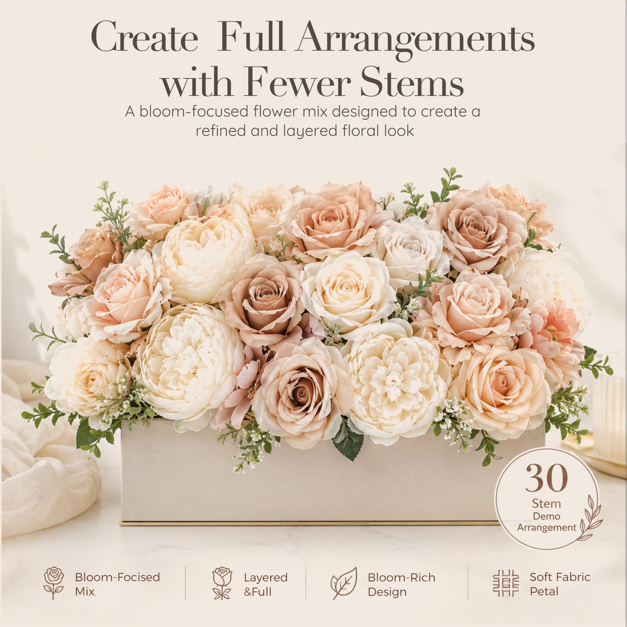YZXZM Artificial Flower Box, 30PCS Silk Floral Stems, Blush Sand