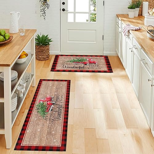 Miniatura 5 de Juego de 2 alfombras de cocina, decoración de árbol de Navidad, alfombras de cocina, antideslizantes, lavables, antifatiga, tapete de madera a