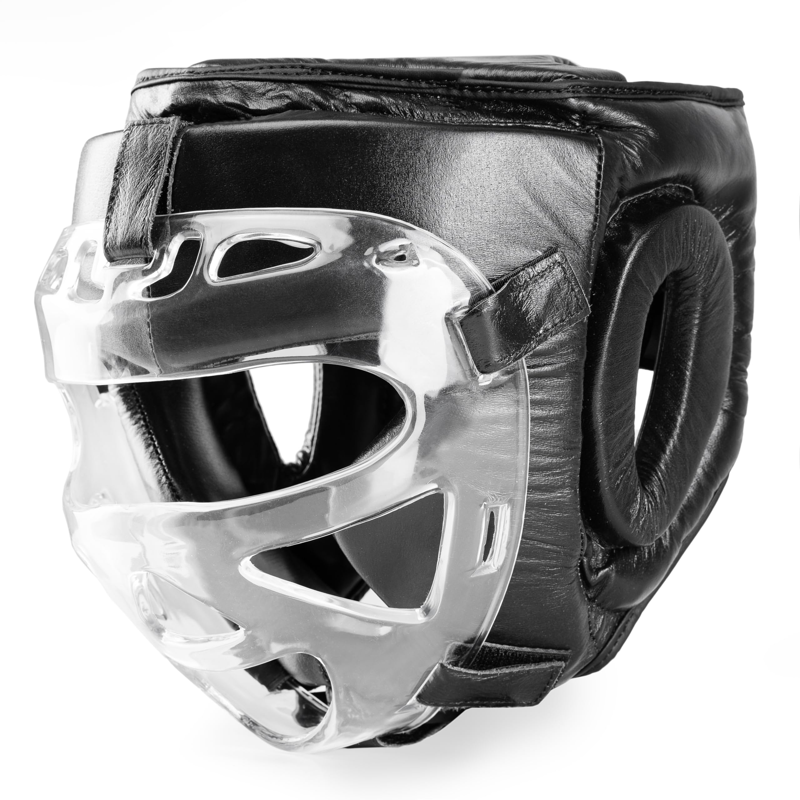 Evolution kask bokserski ze skóry naturalnej z przezroczystą kratką, ochrona głowy, boks do kickboxingu, sportów walki, treningu MMA, treningu bokserskiego, sparingów