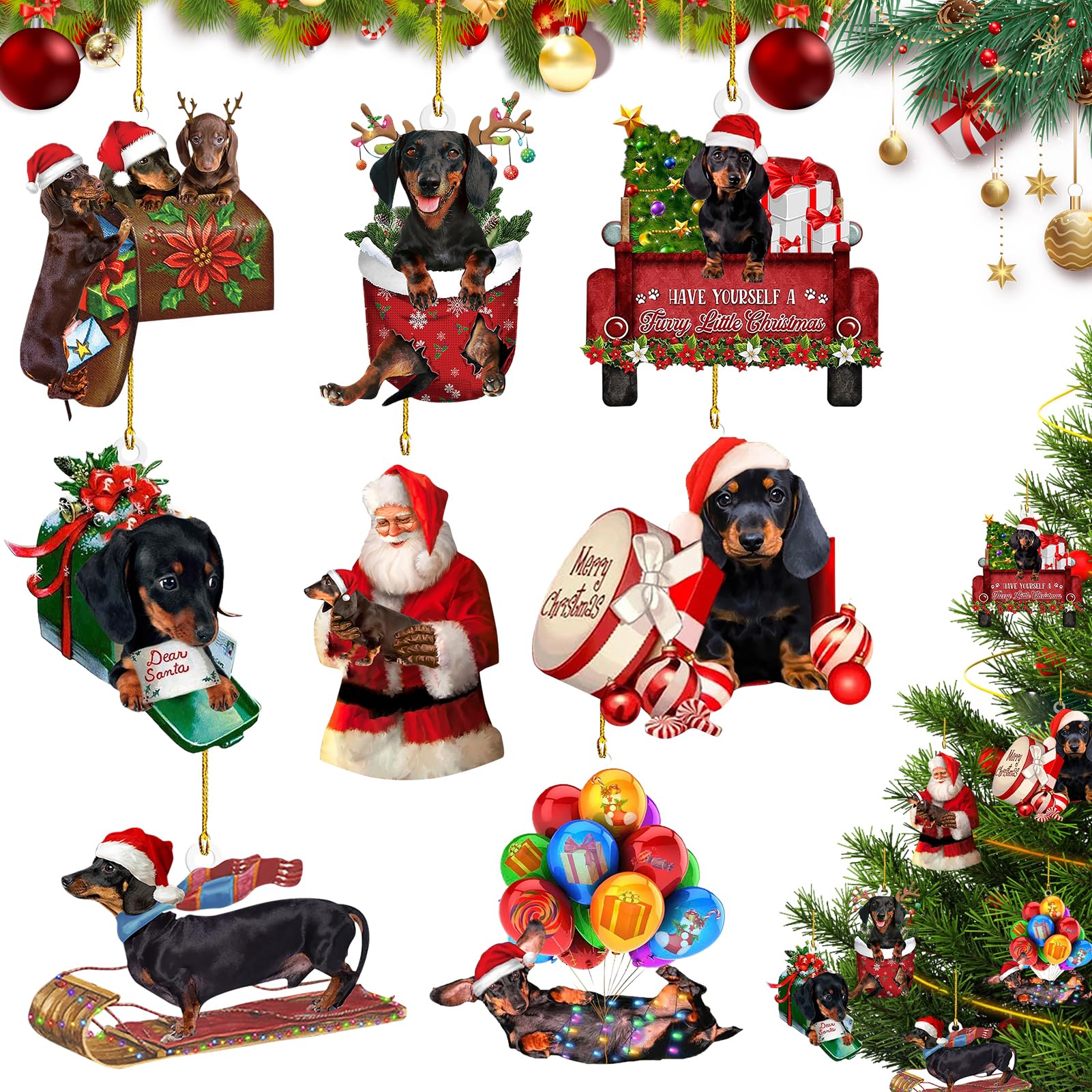 Adorno de Navidad de Perro Salchicha, 8 Piezas Colgante de Acrílico para Perro, Decoración Arbol de Navidad, Adorno Colgante de árbol de Navidad para Perro 2D