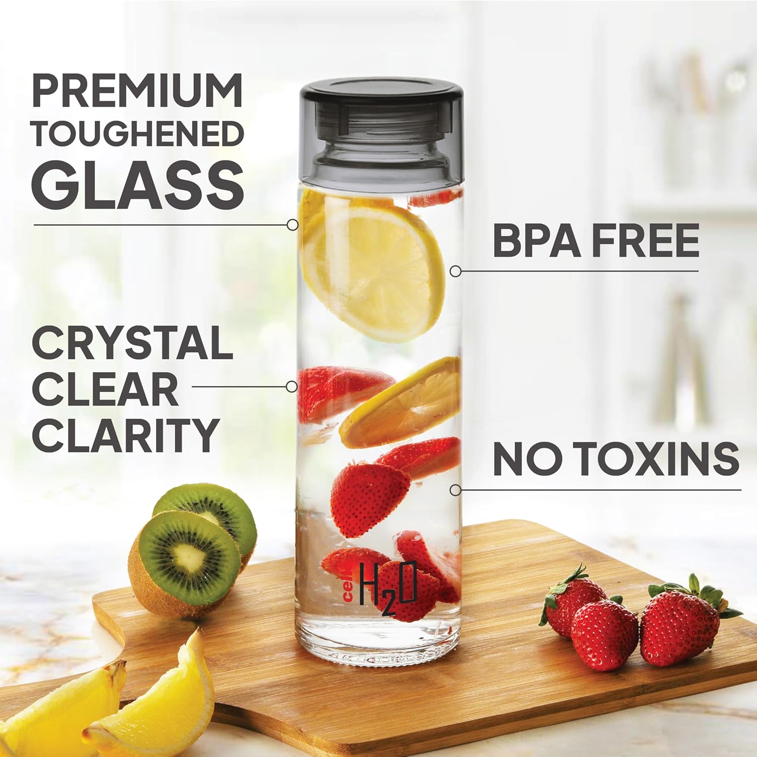CELLO H2O Glass Fridge Water Bottle with Plastic Cap | Leak proof & break-proof | Wide mouth & Easy to Clean | Best Usage for Office/School/College | Set of 3, 920ml | Black