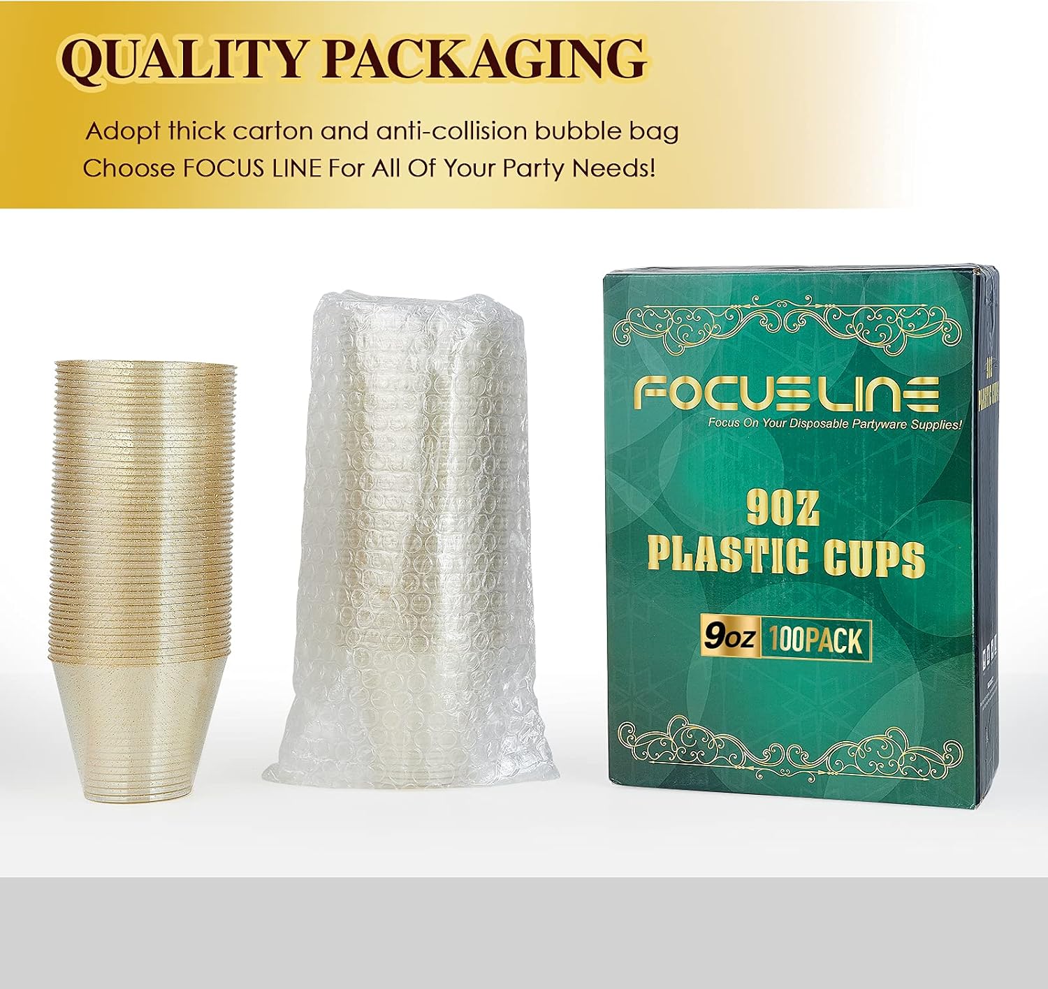 FOCUSLINE 9 oz Gold Plastic Cups, Disposable Clear Fancy Hard Plastic Cups, Gold Glitter, Heavy Duty, Reusable,100 Count