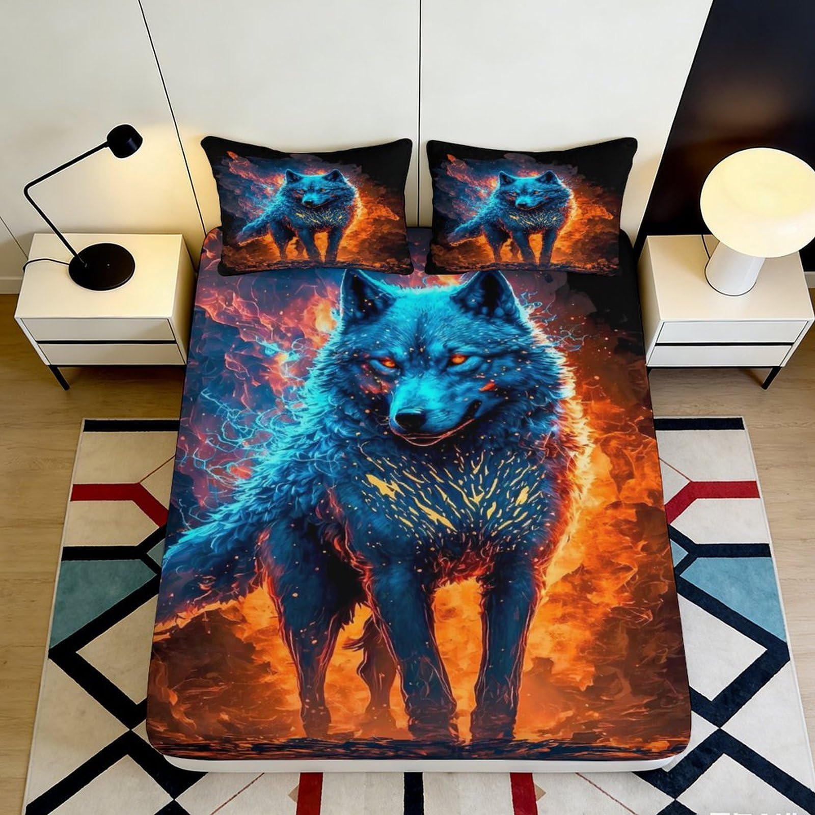 Jqzkxnhpbr Style-9 3D Printed Blue Fire Wolf Fitted Sheet Microfiber Soft Anti-Slip Mattress Cover For Bedroom Dorm Decor Easy Care 90X200x25cm