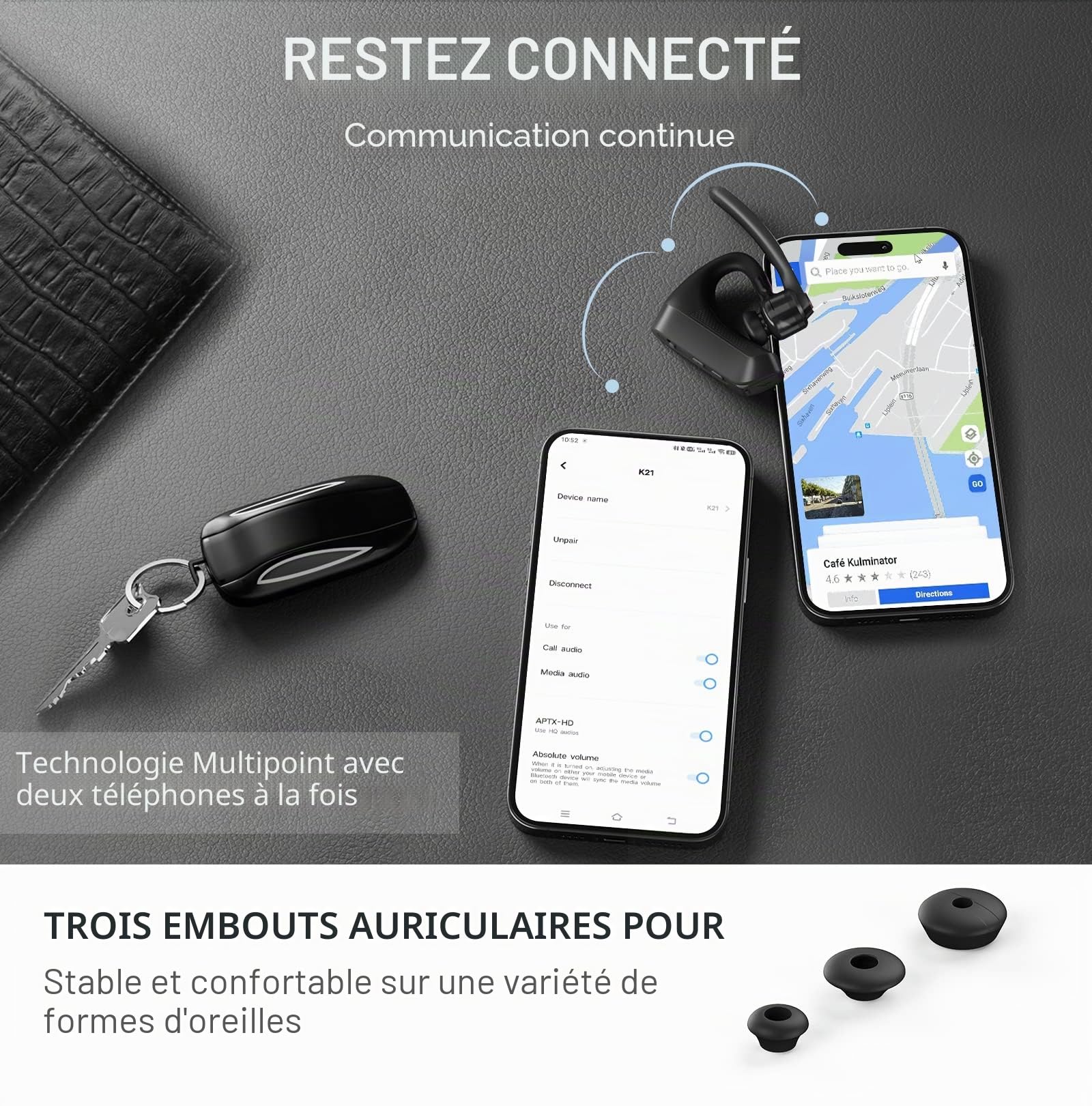Conambo Casque Bluetooth V5.2, sans fil, mains libres, avec CVC 8.0 et ENC Dual Mic réduction du bruit, 70 heures d'autonomie avec étui de charge, oreillette Bluetooth pour conduite, bureau, gris