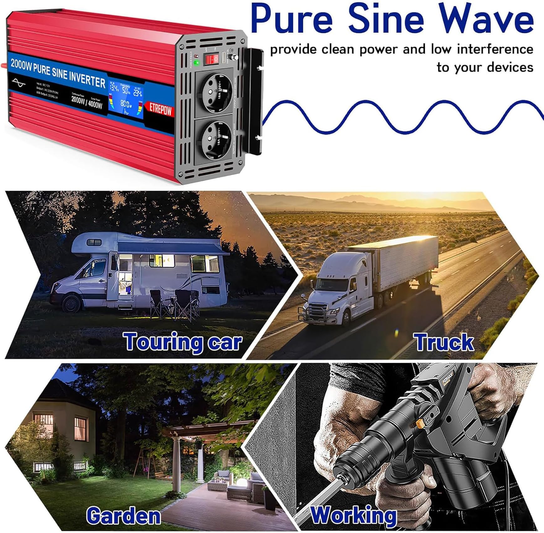 2000W Przetwornica 12v 230v Czysty Sinus z 2 gniazdami EU i bezprzewodowym pilotem, ekranem LCD, Falownikiem Nadaje się do użytku na zewnątrz, w domu, na kempingu, w kamperze