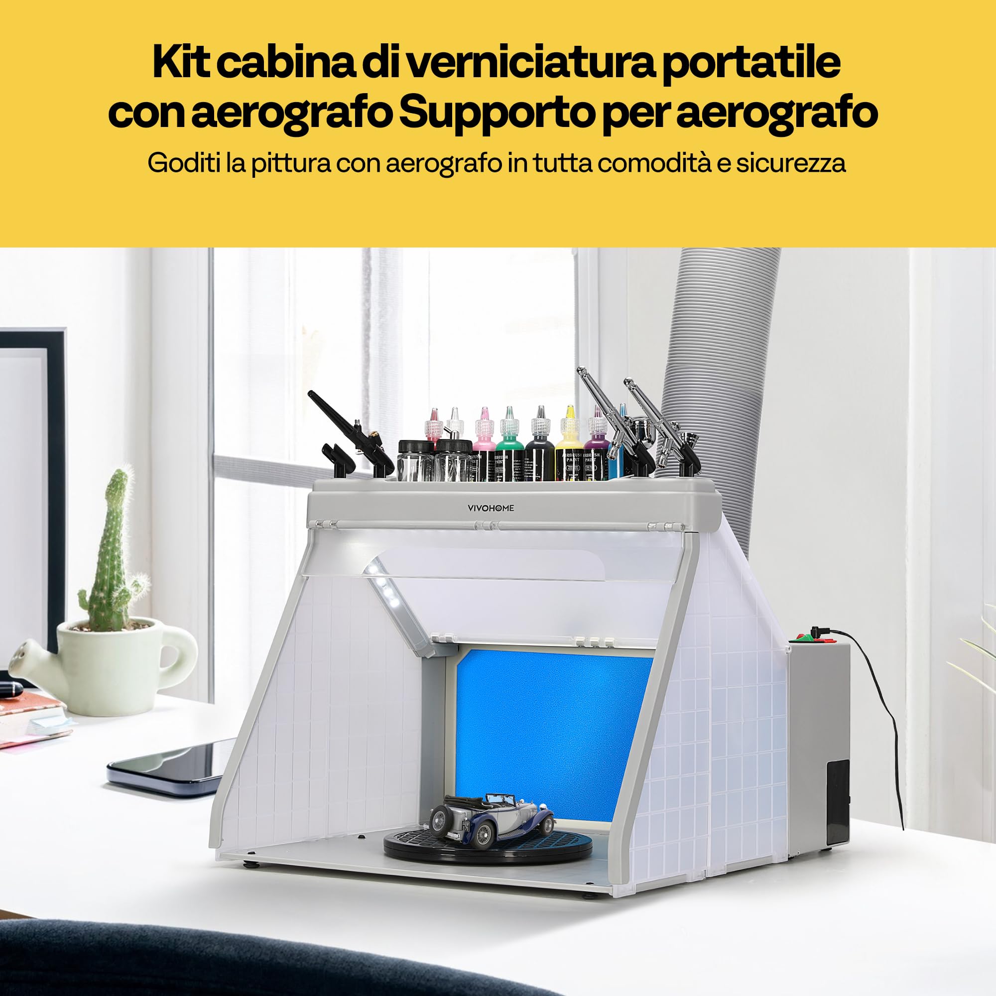 VIVOHOME Cabina Verniciatura ad Aerografo Portatile con 3 Luci LED Rack per Pistole a Vernice e Spruzzo Tavolo Girevole e Cabina per Aerografo con Filtro per la Verniciatura di Modelli Artigianali