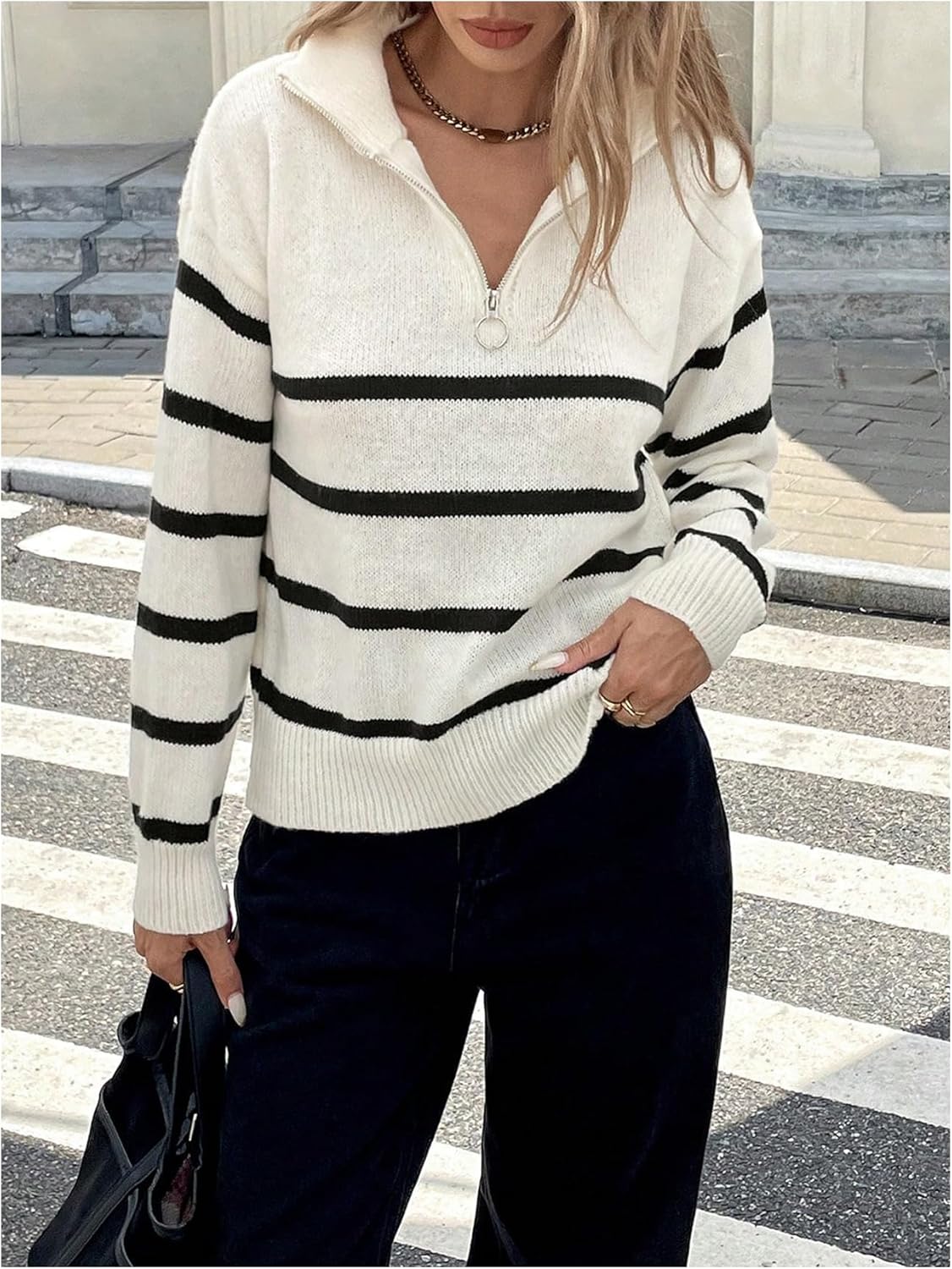 Milumia Women's Striped Half Zip Pullover Sweater Mock Neck Long Sleeve Ribbed Knit Pullover Tops - Image 6