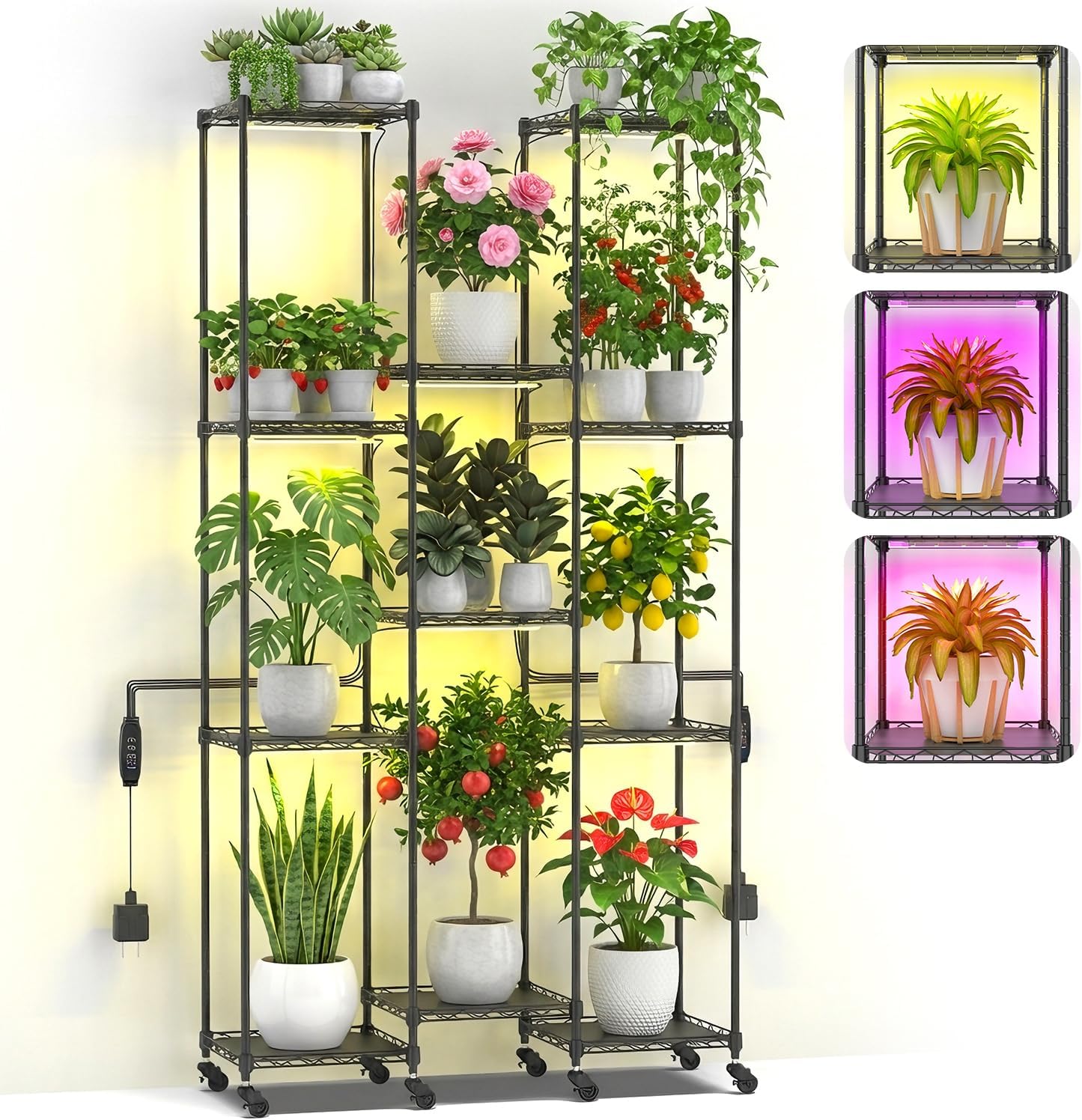 Abimars Plant Stand with Grow Lights, Shelf Height Adjustable Metal Plant Shelf for 8 Potted Plants, Plant Holder for Living Room, Porch, Black