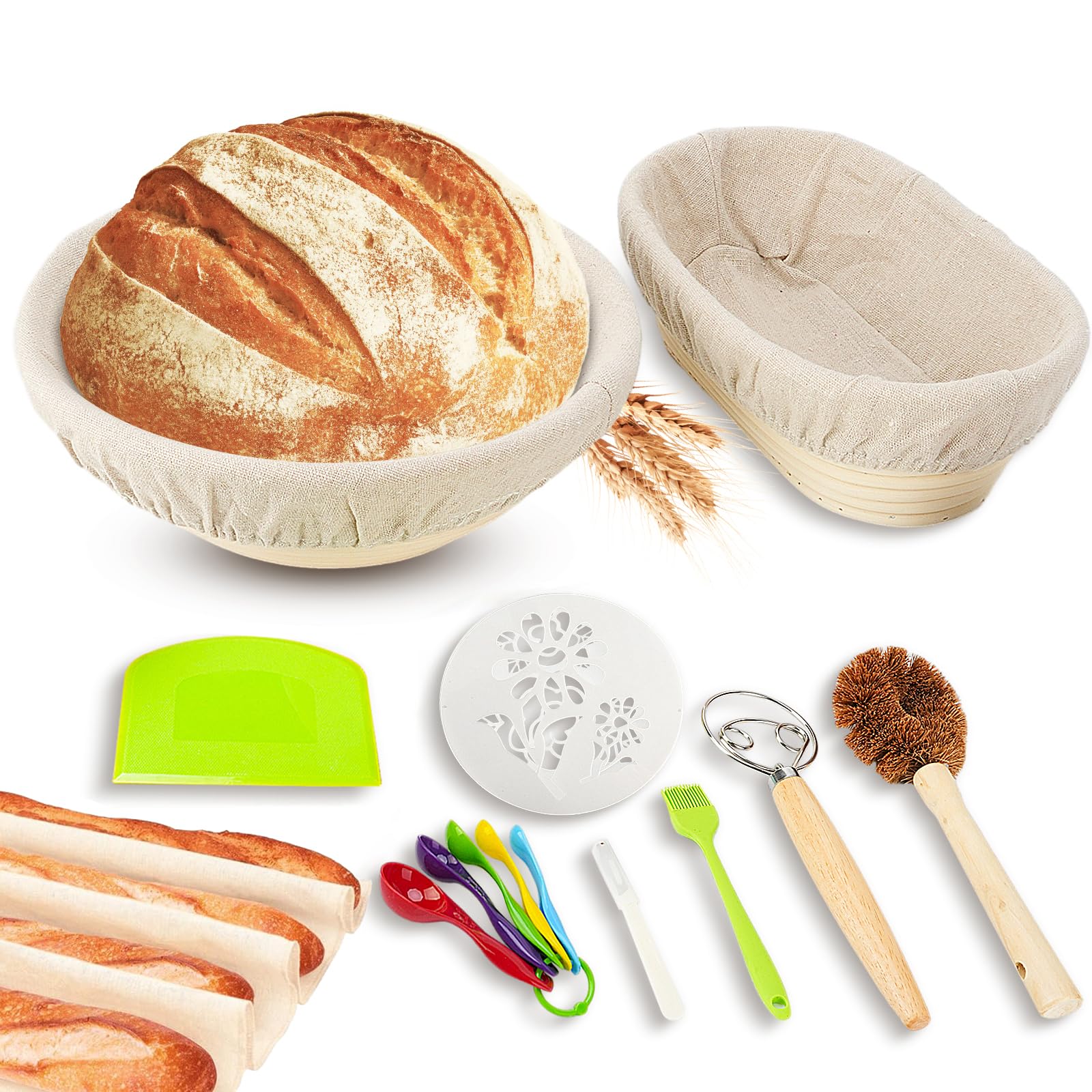 Bread Proofing Basket Set, 10 Inch Round & 10 Oval Sourdough Banneton Baskets, 2 Linen Liner, Plastic Scraper, Scoring Cutter, Measuring Spoons Set for Bread Making Tools(Oval 10''& Round 10'')